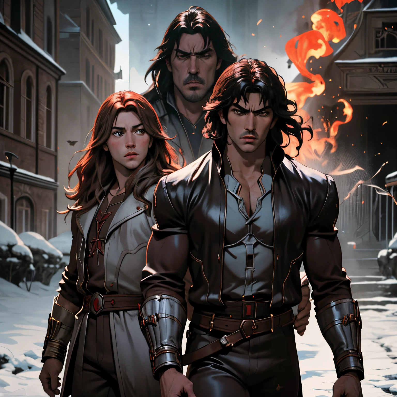Castlevania Seigneur de lombre cinématiques super détaillées hyper réalistes des demons dans le fire Scènes cinématiques super détaillées ardentes de war Hokuto no Ken Kenshiro style musclé