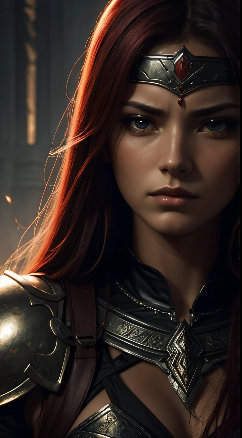 Beautiful woman warrior, sad ambience, mourning, motivation ,red