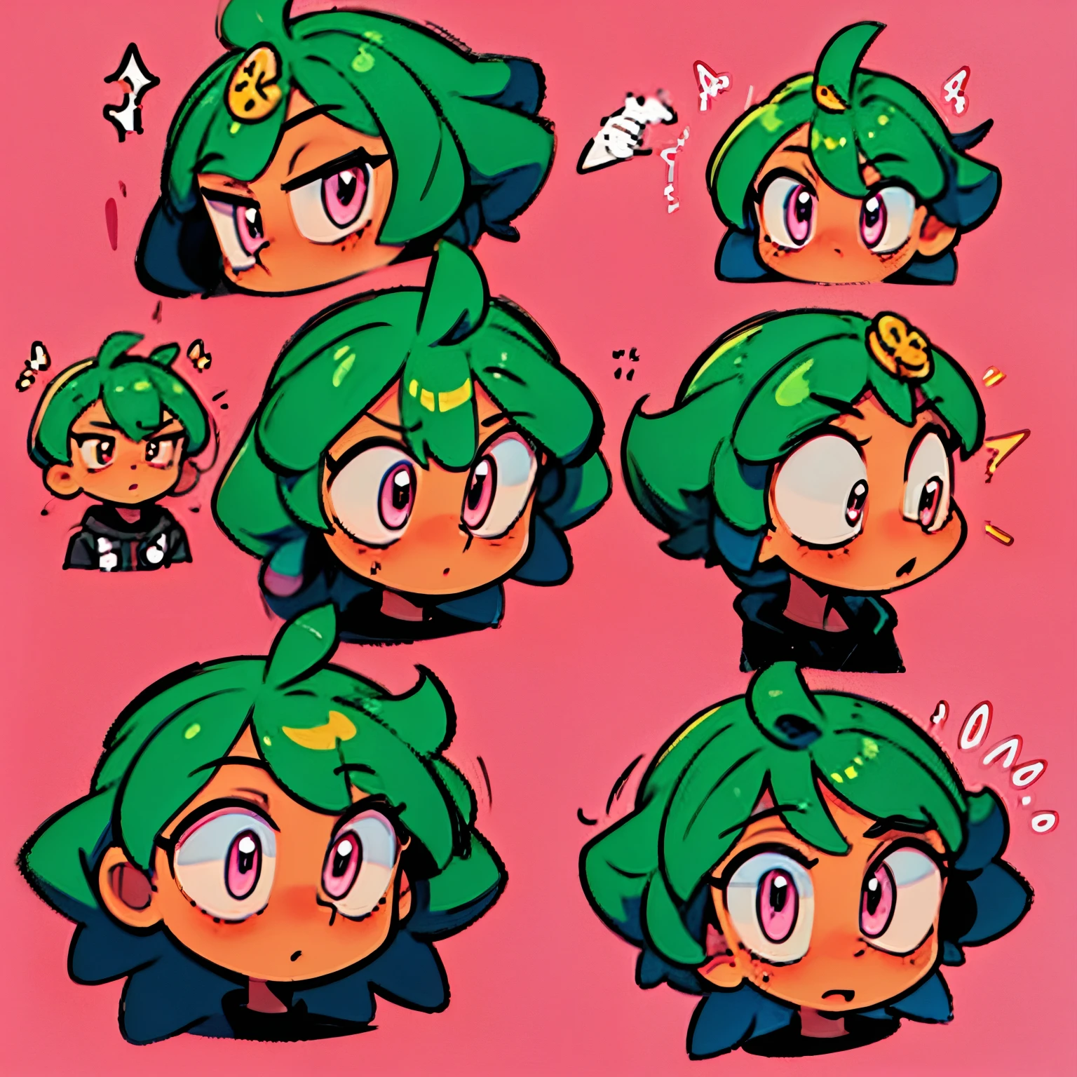 happy anime female head icon short green hair pink eyes looking diagonal right up no background