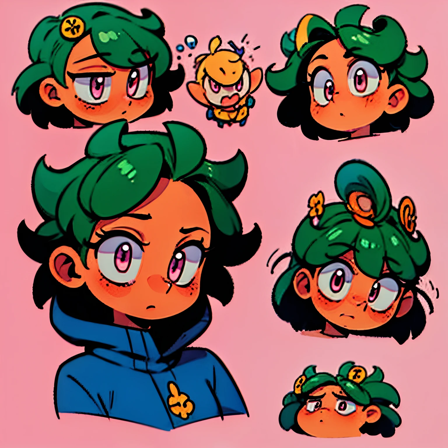 happy anime female head icon short green hair pink eyes looking diagonal right up no background