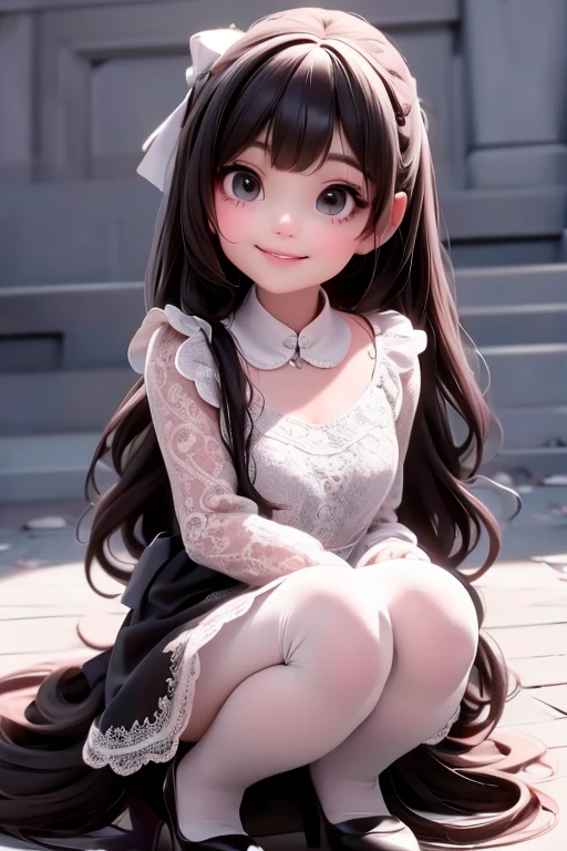 a demon girl smiling in a lace dress and black pumps posing for a picture, black hair, giant hair bow, wearing a lace dress, white tights, fashionable rpg clothing, squatting, (sfw)