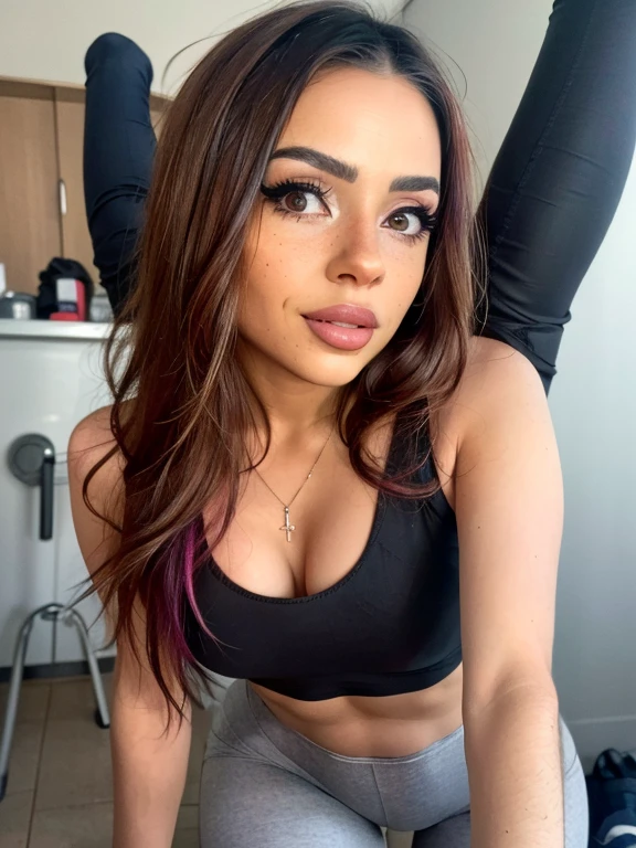 full body shot of a African American (woman Standing up in a tank top, yoga pants, and running shoes. small smiling), (detailed realistic face), (((hyperdetailed))), zoomed out, symmetrical face, detailed pupil, expressive eyes, Casey Baugh, Michael Garmash, Sophie Anderson, hasui kawase, makeup, real photography, modern look, Real photography (Realistic:1.5) facing camera.