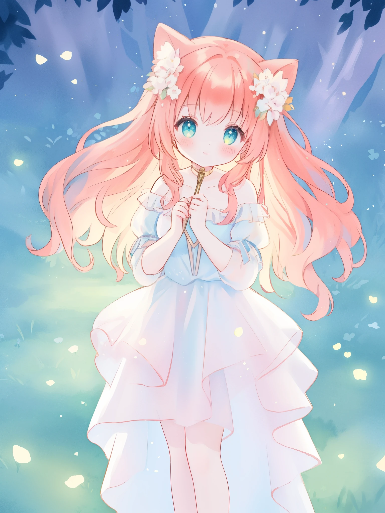 beautiful fairy girl in sparkling white ballgown, puffy flowing ballgown, sheer fluttering sleeves, ((glowing sheer layered dress)), long red gold hair, colorful fantasia background, delicate white flowers in her hair, watercolor illustration, glowing lights, beautiful digital illustration, fantasia otherworldly landscape, beautiful, masterpiece, best quality, (vibrant pastel colors), (colorful), magical forest landscape, sharp focus, intricate details, highly detailed, 8k resolution