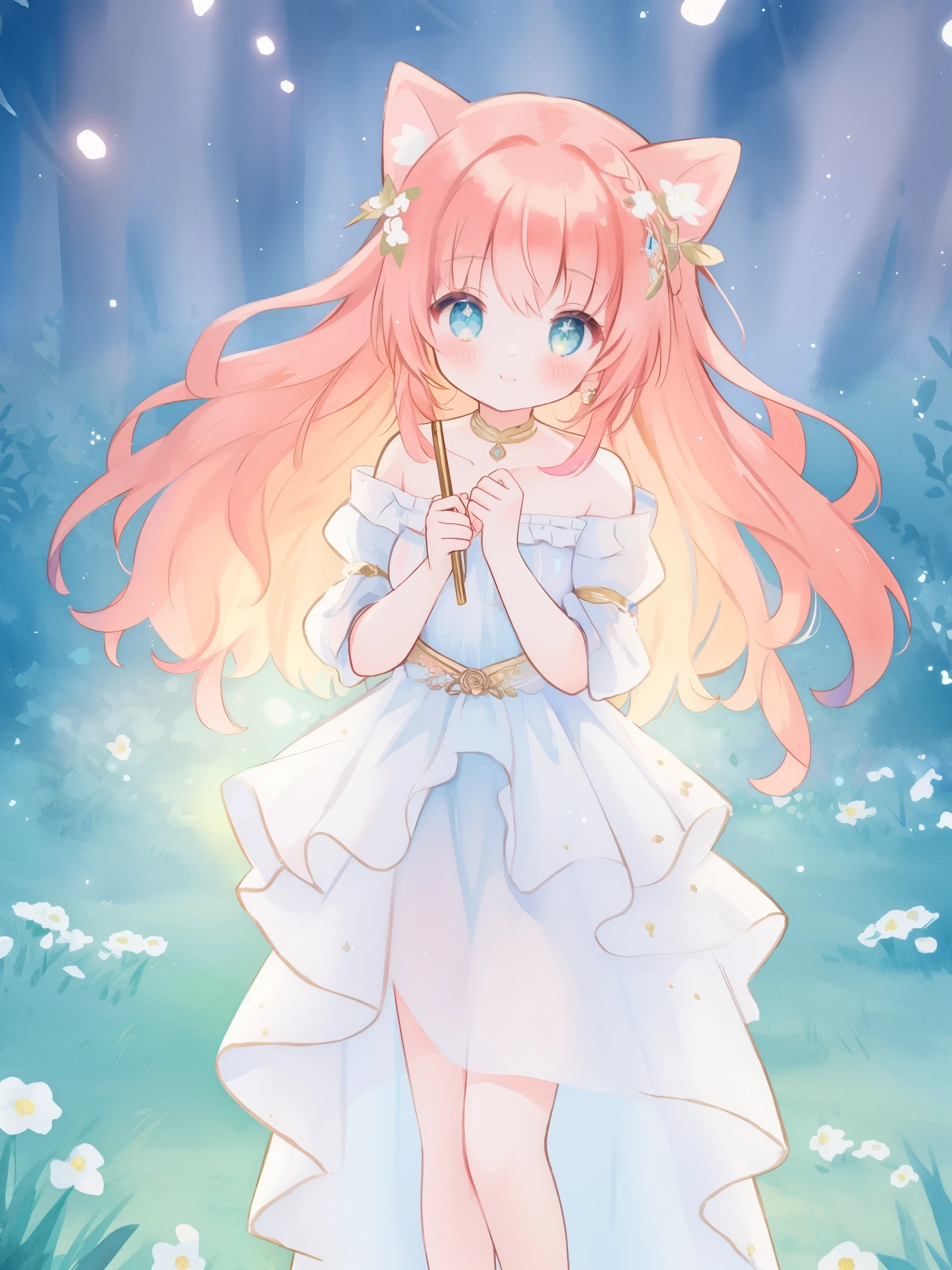 beautiful fairy girl in sparkling white ballgown, puffy flowing ballgown, sheer fluttering sleeves, ((glowing sheer layered dress)), long red gold hair, colorful fantasia background, delicate white flowers in her hair, watercolor illustration, glowing lights, beautiful digital illustration, fantasia otherworldly landscape, beautiful, masterpiece, best quality, (vibrant pastel colors), (colorful), magical forest landscape, sharp focus, intricate details, highly detailed, 8k resolution