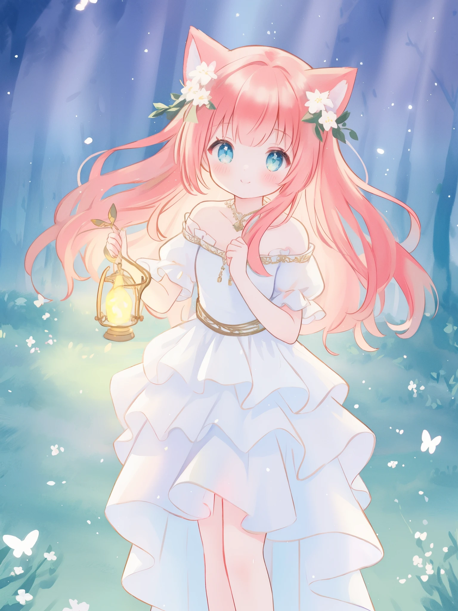 beautiful fairy girl in sparkling white ballgown, puffy flowing ballgown, sheer fluttering sleeves, ((glowing sheer layered dress)), long red gold hair, colorful fantasia background, delicate white flowers in her hair, watercolor illustration, glowing lights, beautiful digital illustration, fantasia otherworldly landscape, beautiful, masterpiece, best quality, (vibrant pastel colors), (colorful), magical forest landscape, sharp focus, intricate details, highly detailed, 8k resolution