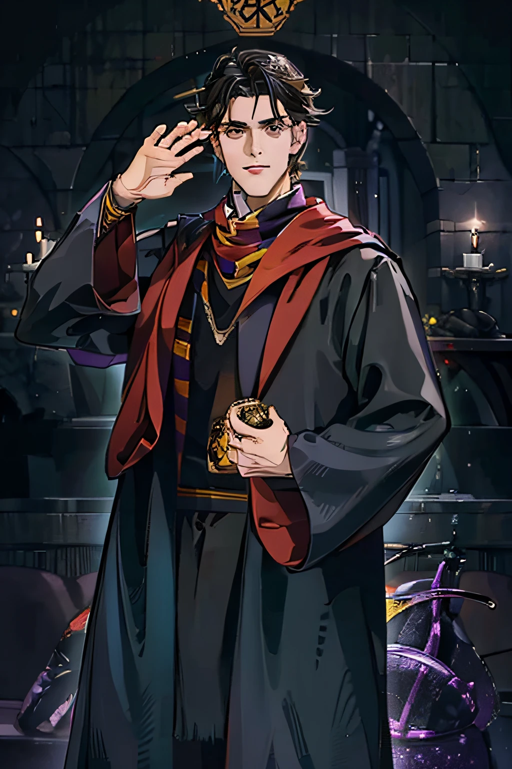 high school student carrying an all-black Hogwarts overcoat, com olhos amarelos e uma foice, estudante da escola de magia, purple aura with particles, theater masks sewn into clothes, mascaras de teatro expostas no peito, cabelos preto, e