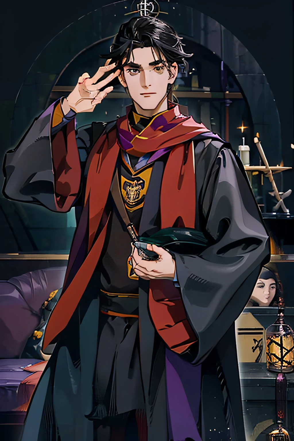 high school student carrying an all-black Hogwarts overcoat, com olhos amarelos e uma foice, estudante da escola de magia, purple aura with particles, theater masks sewn into clothes, mascaras de teatro expostas no peito, cabelos preto, e