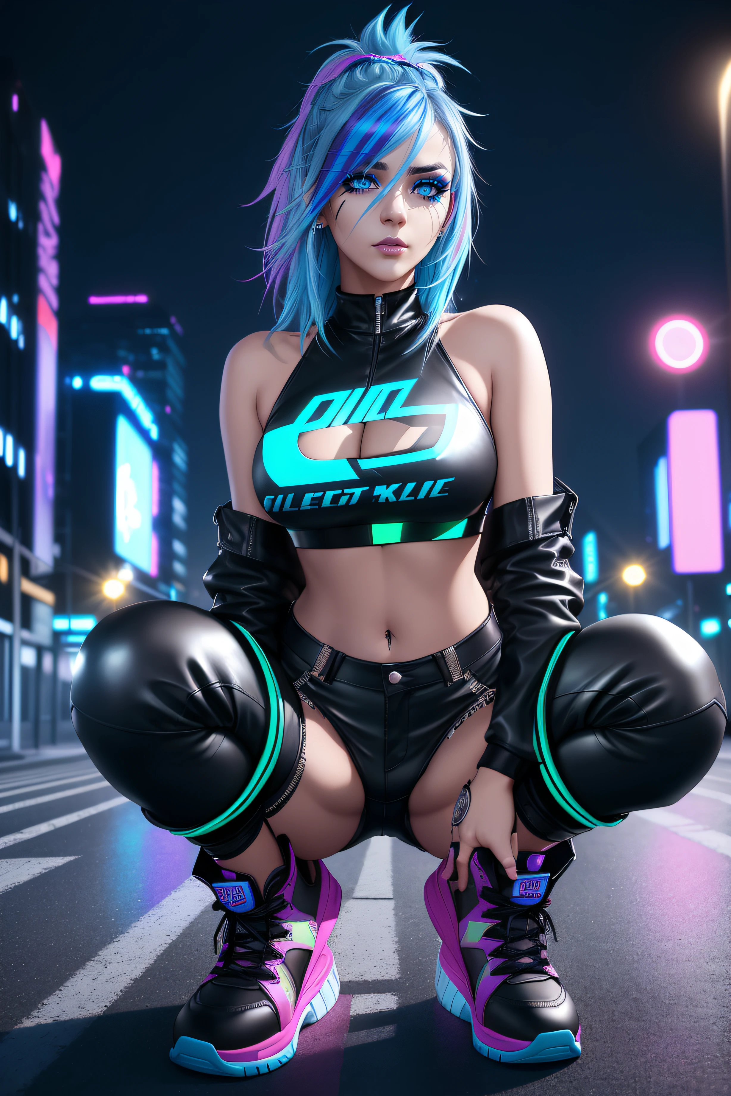 beautiful girl, full body, short bright neon and blue streaked dishevelled hair, large blue piercing eyes, black eyeshadow, (street style wear:1.2), ((tight fitted pants)), ((knee high leather boots)), (city night background:1.2), dark makeup, digital art, trending on artstation, highly detailed, fine detail, intricate, beautiful detailed glow, detailed, Cinematic light, high-res, detailed facial features, sharp focus, smooth, aesthetic,