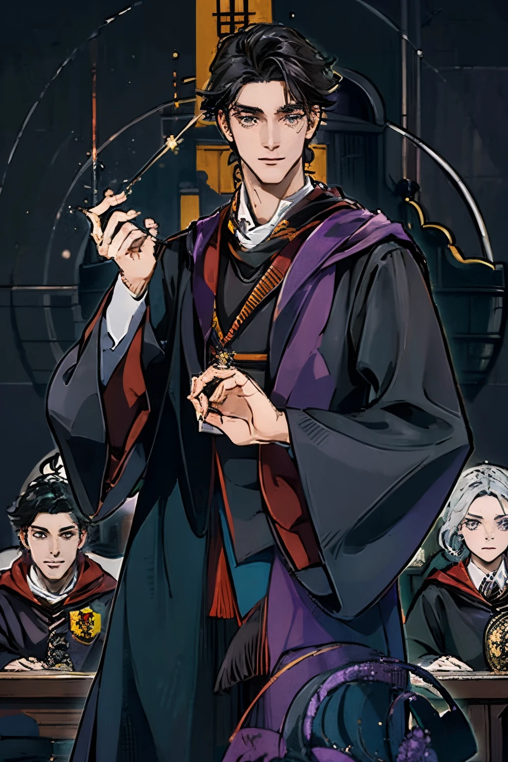 high school student carrying an all-black Hogwarts overcoat, com olhos amarelos e uma foice, estudante da escola de magia, purple aura with particles, theater masks sewn into clothes, mascaras de teatro expostas no peito, cabelos preto, e