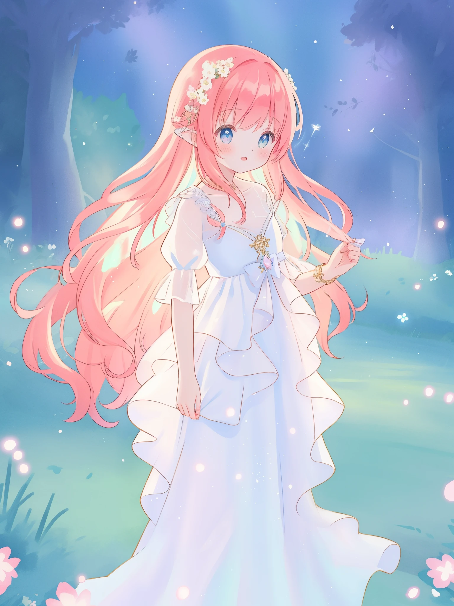 beautiful fairy girl in sparkling white ballgown, puffy flowing ballgown, sheer fluttering sleeves, ((glowing sheer layered dress)), long red gold hair, colorful fantasia background, delicate white flowers in her hair, watercolor illustration, glowing lights, beautiful digital illustration, fantasia otherworldly landscape, beautiful, masterpiece, best quality, (vibrant pastel colors), (colorful), magical forest landscape, sharp focus, intricate details, highly detailed, 8k resolution