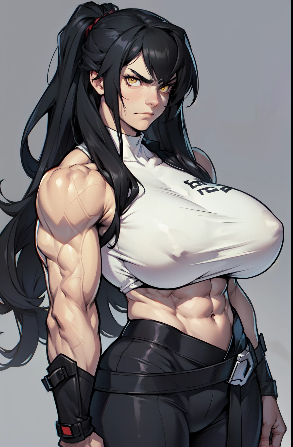 ((1 girl)), extremely long hair, solo, ((muscular)), veins, black hair, yellow eyes, pale skin, strong, veins, abs, (huge breasts), frowning, waist up