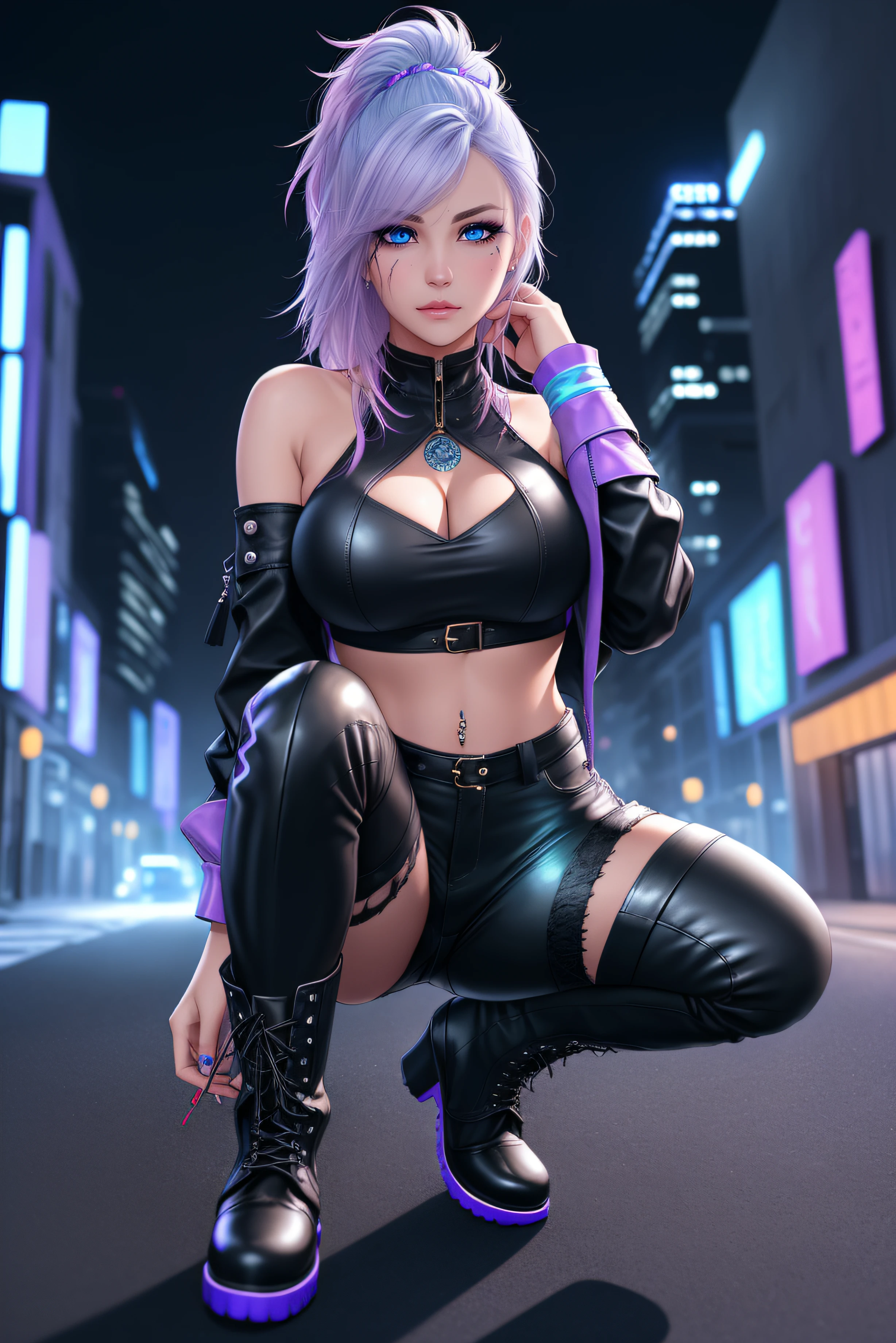 beautiful girl, full body, short bright cyan and purple streaked dishevelled hair, large blue piercing eyes, black eyeshadow, (street style wear:1.2), ((tight fitted pants)), ((knee high leather boots)), (city night background:1.2), dark makeup, digital art, trending on artstation, highly detailed, fine detail, intricate, beautiful detailed glow, detailed, Cinematic light, high-res, detailed facial features, sharp focus, smooth, aesthetic,