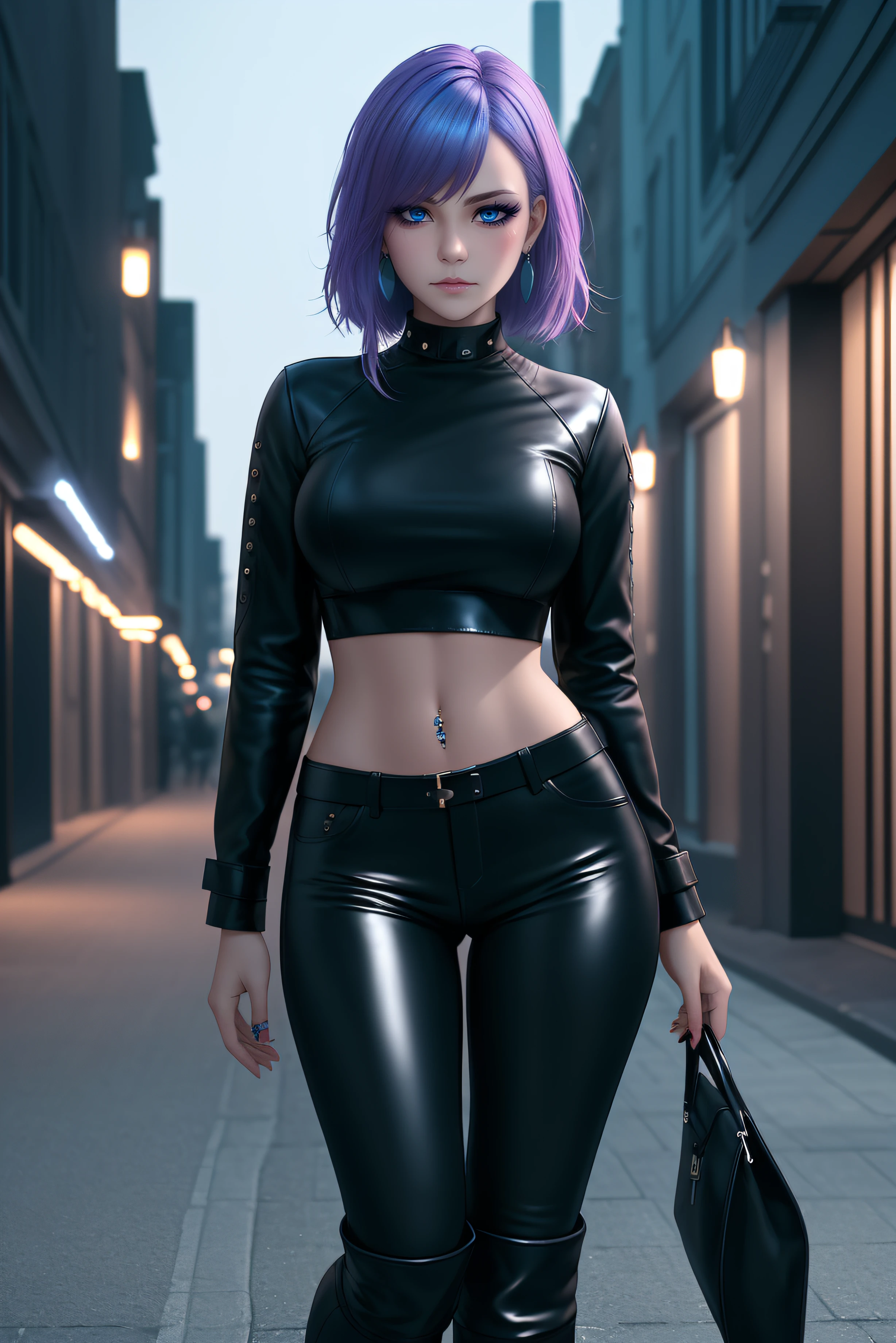 beautiful girl, full body, short bright cyan and purple streaked dishevelled hair, large blue piercing eyes, black eyeshadow, (street style wear:1.2), ((tight fitted pants)), ((knee high leather boots)), (city night background:1.2), dark makeup, digital art, trending on artstation, highly detailed, fine detail, intricate, beautiful detailed glow, detailed, Cinematic light, high-res, detailed facial features, sharp focus, smooth, aesthetic,