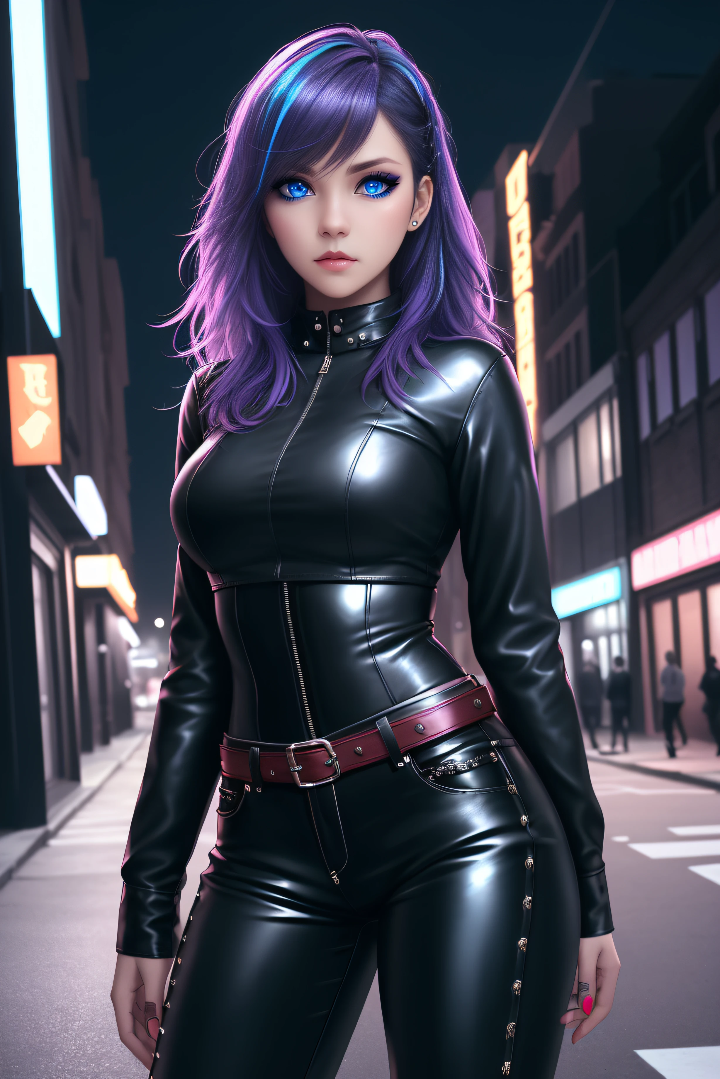 beautiful girl, full body, short bright cyan and purple streaked dishevelled hair, large blue piercing eyes, black eyeshadow, (street style wear:1.2), ((tight fitted pants)), ((knee high leather boots)), (city night background:1.2), dark makeup, digital art, trending on artstation, highly detailed, fine detail, intricate, beautiful detailed glow, detailed, Cinematic light, high-res, detailed facial features, sharp focus, smooth, aesthetic,