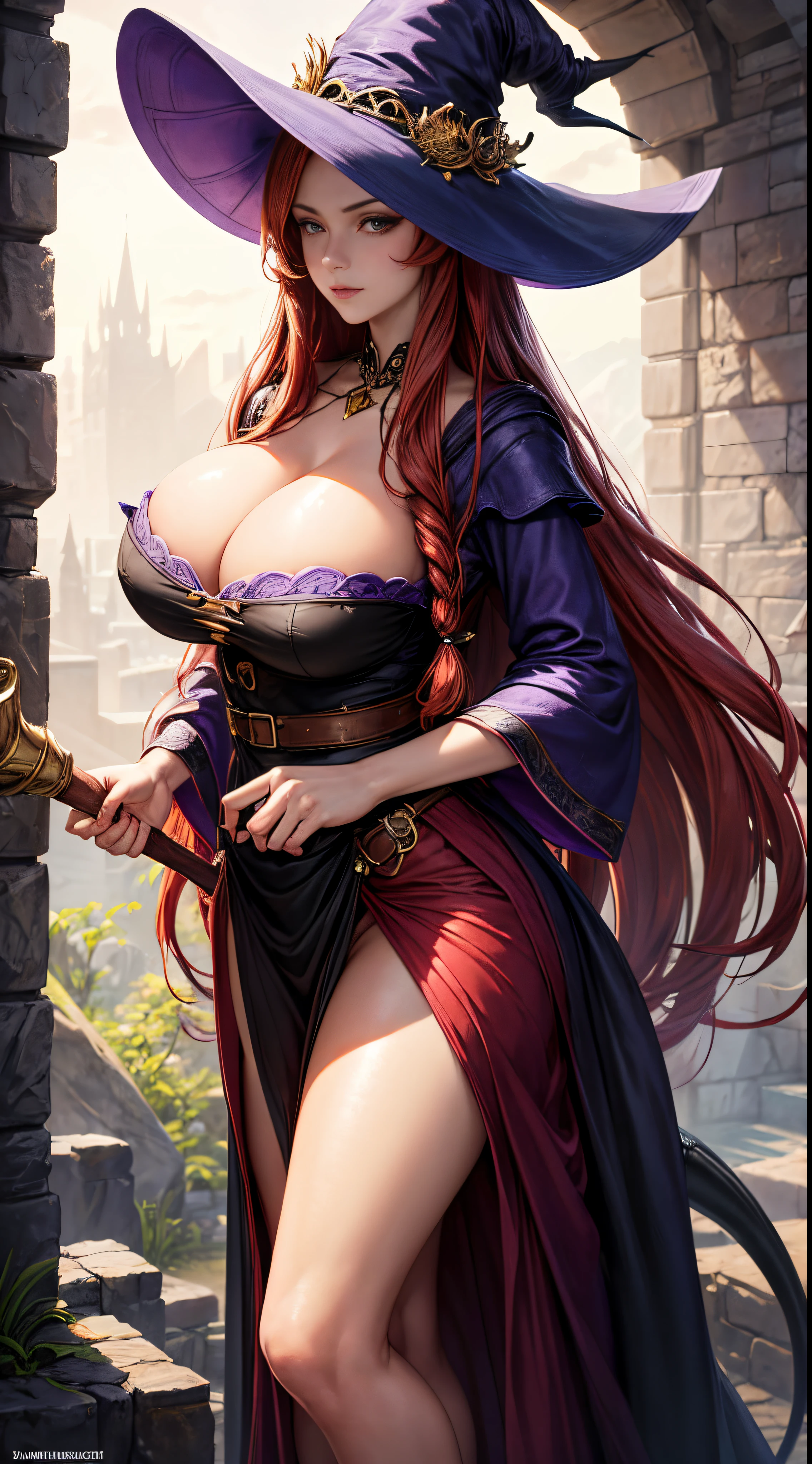 ((Masterpiece)), ((Best Quality)), Ultra High Resolution, HDR, Ultra Realistic, absurd, 8K, Perfect Art, Super Detailed Rendering, Masterpiece, High Quality, high resolution, ultra-detailed, Clean, Masterpiece, Professional Artwork, beautiful, masterpiece, best quality, The Sorceress from Dragon's Crown, a sexy sorceress, (long red hair: 1.4), long hair, beautiful face, detailed female face, (((perfect female body, narrow waist))), beautiful female body, full body, very pretty woman, young, very pretty woman, sexy, tall, sexy, very attractive, (very big breasts:1.2), (huge breasts), Large wide brimmed witches hat, Black witches hat with purple ribbons, a black bustier with a white lace rim around the breast, cleavage, deep cleavage, long purple skirt with a high split showing all of her leg, pointed witches shoes, brown sash belt, holding a large wooden witches staff.