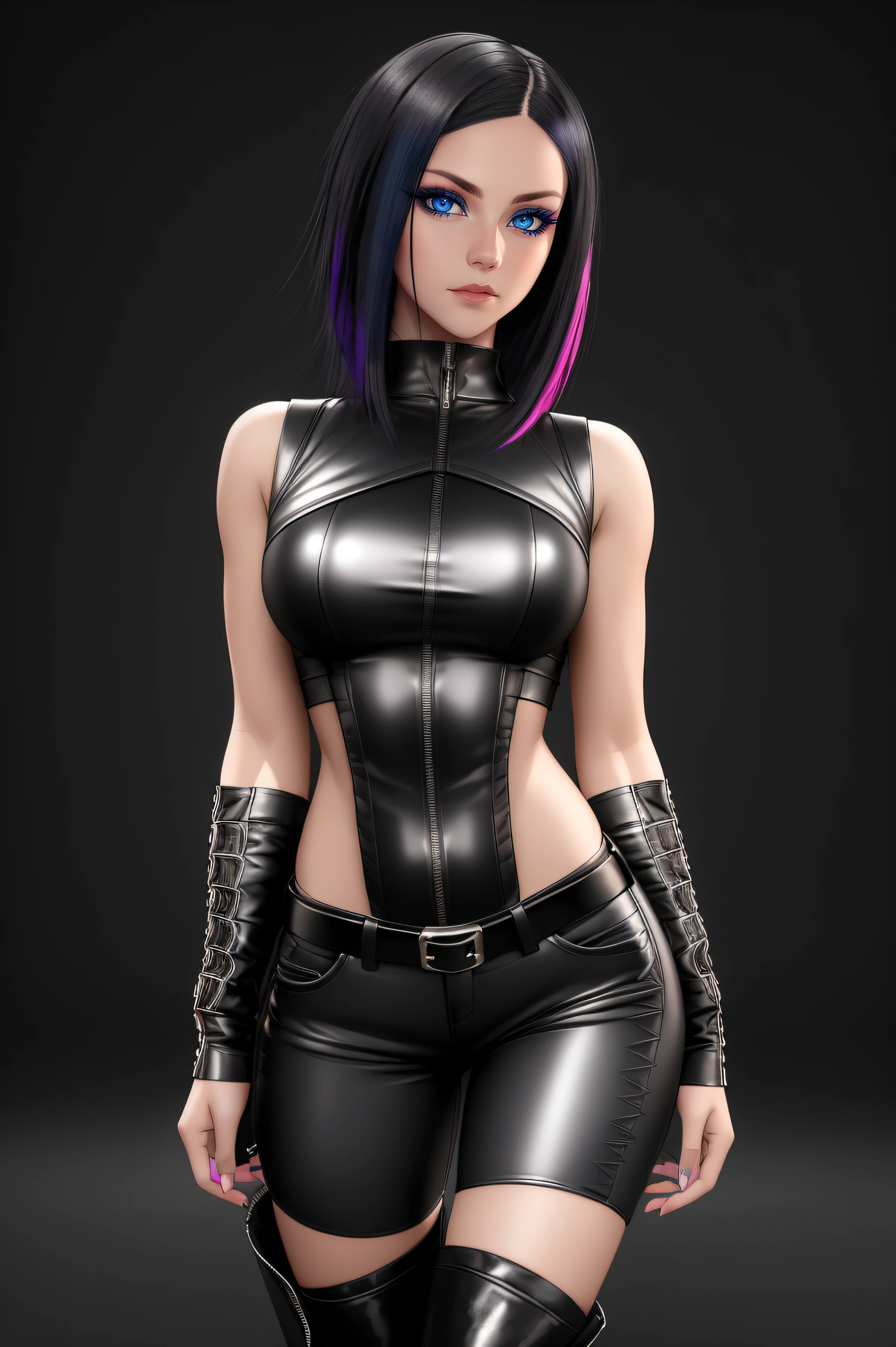 beautiful girl, ((standing:1.4)), (confident gaze:1.1), full body, short bright neon streaked black hair, ((realistic highly detailed eyes:1.4)), ((seductive pose:1.2)), black eyeshadow, (street style wear:1.2), ((tight fitted pants)), ((knee high leather boots)), (dark city night black background:1.4), dark makeup, digital art, trending on artstation, highly detailed, fine detail, intricate, detailed facial features, sharp focus, smooth, aesthetic,