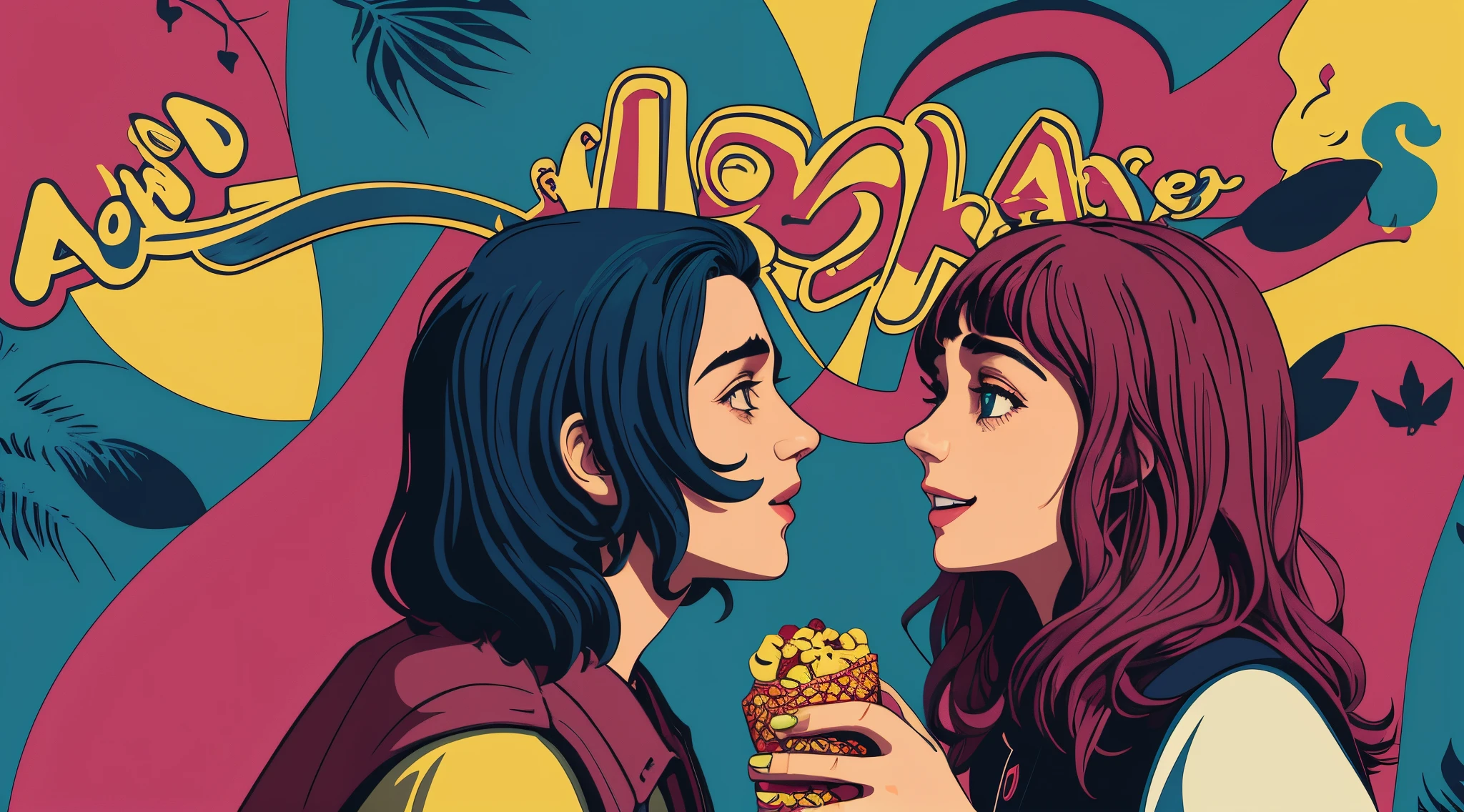 (best quality,4k,Altas),Popart Poster,vector illustration,colorido, 16:9 Dois adolescentes namorados brincando