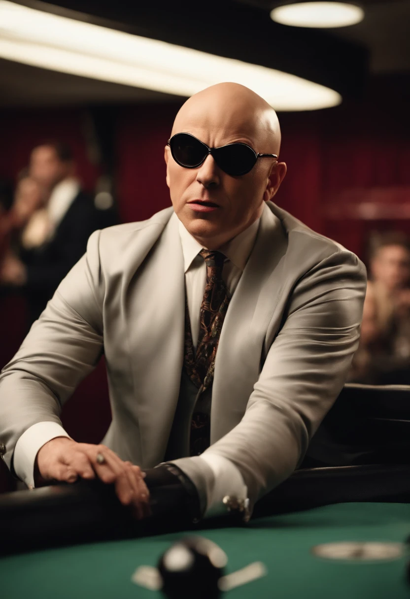 A photo of Doctor Evil practicing his evil dance moves in the Evil Lair disco room.,Austin Powers: International Man of Mystery,Doctor Evil, the comical villain from the “Austin Powers” series, is characterized by his bald head, a prominent scar running down his right eye, and a matching gray suit that gives him a distinctively villainous look. He often accentuates his appearance with a dramatic, exaggerated facial expression, usually accompanied by his signature pinky gesture near his mouth.
