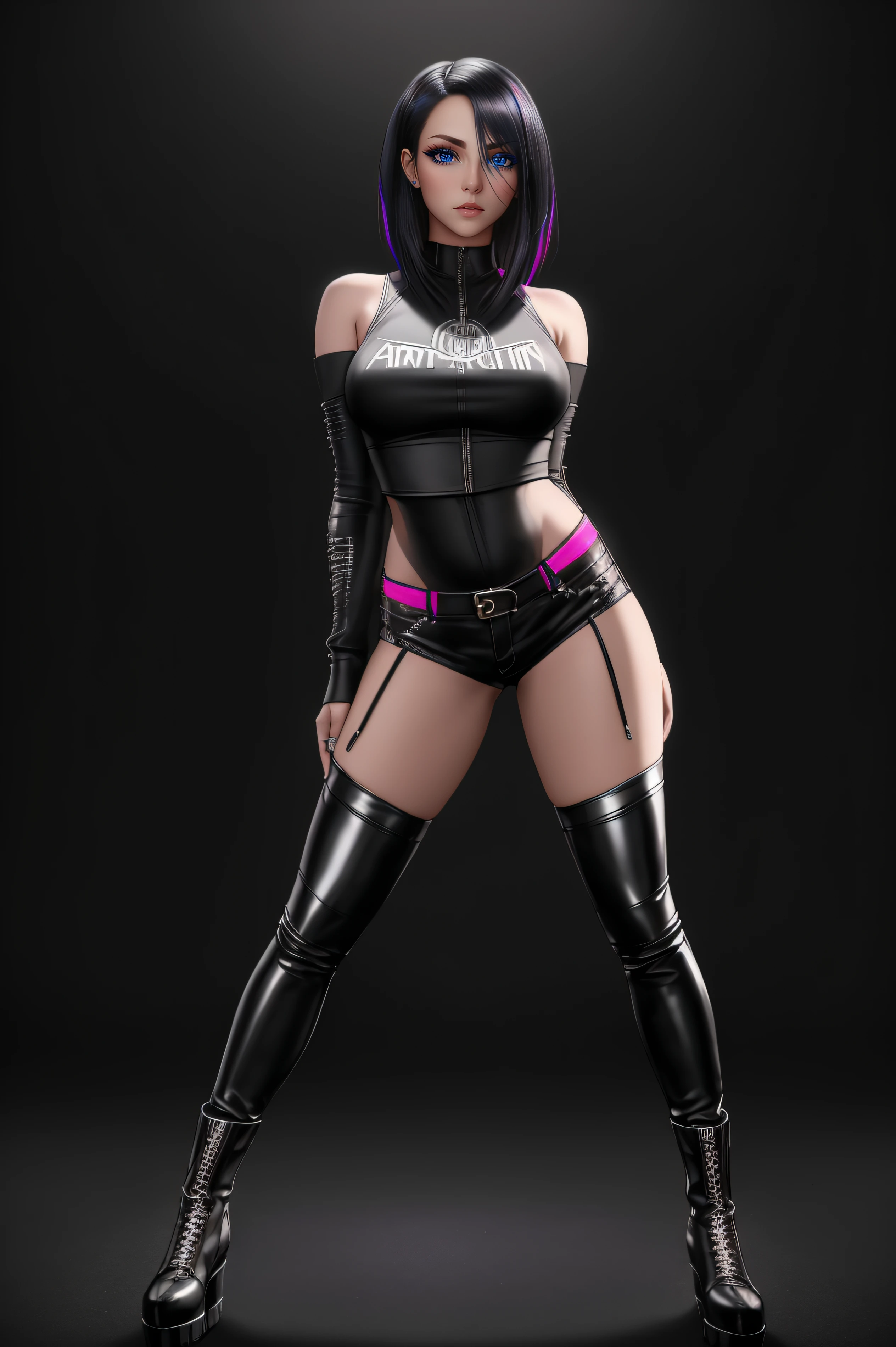 beautiful girl, ((standing:1.4)), (confident gaze:1.1), full body, short bright neon streaked black hair, ((realistic highly detailed eyes:1.4)), ((seductive pose:1.2)), black eyeshadow, (street style wear:1.2), ((tight fitted pants)), ((knee high leather boots)), (dark city night black background:1.4), dark makeup, digital art, trending on artstation, highly detailed, fine detail, intricate, detailed facial features, sharp focus, smooth, aesthetic,