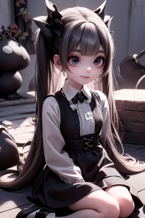 a demon girl in a gray dress sitting on the floor, witchcore clothes, gothic clothes, wearing modern gothic clothes, transparent gray dress, tights, (((sfw)))