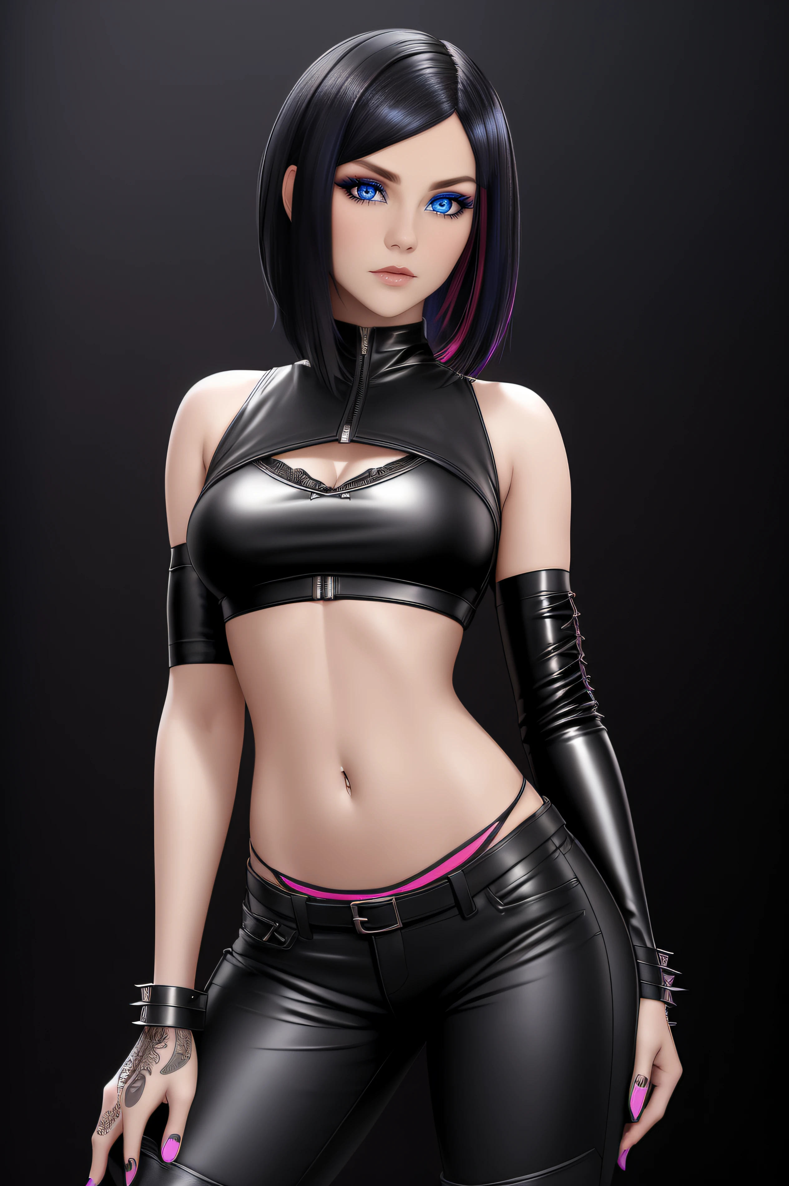 beautiful girl, ((standing:1.4)), (confident gaze:1.1), full body, short bright neon streaked black hair, ((realistic highly detailed eyes:1.4)), ((seductive pose:1.2)), black eyeshadow, (street style wear:1.2), ((tight fitted pants)), ((knee high leather boots)), (dark city night black background:1.4), dark makeup, digital art, trending on artstation, highly detailed, fine detail, intricate, detailed facial features, sharp focus, smooth, aesthetic,