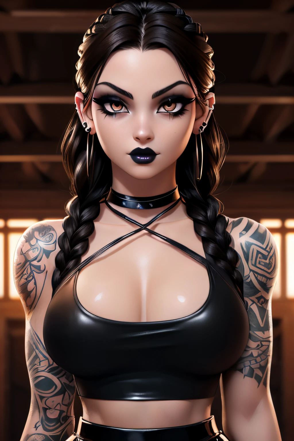 ((ultra quality)), ((tmasterpiece)), goth girl, ((long black hair braided into one braid), ((there are piercings and rings in the ears)), Beautiful cute face, beautiful female lips, ((dark makeup)), charming beauty, ((sexy facial expression)), is looking at the camera, ((Skin color: white)), ((have tattoos on the body)), Body glare, ((detailed beautiful female eyes)), ((dark brown eyes)), beautiful female hands, ((perfect female figure)), ideal female body shapes, Beautiful waist, nice feet, big thighs, Beautiful butt, ((Subtle and beautiful)), seductively worth it ((closeup face)), ((wearing a black leather skirt and a black sleeveless tank top, black choker around the neck, black boots with a large platform, black stockings)), background: Threshold of the house, evening sunset, ((Depth of field)), ((high quality clear image)), ((crisp details)), ((higly detailed)), Realistic, Professional Photo Session, ((Clear Focus)), ((cartoon)), the anime, NSFW