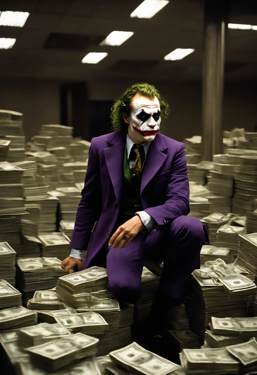 A photo of the Joker standing on top of a Gotham City bank vault, surrounded by stacks of money and a chaotic mess.,The Dark Knight,Heath Ledger’s portrayal of the Joker in “The Dark Knight” is marked by his disheveled, greasy hair, smudged clown makeup, and a chilling, scarred smile that gives him a menacing and unpredictable appearance. His attire, a mismatched suit with a ragged purple coat, adds to his chaotic and anarchistic persona.