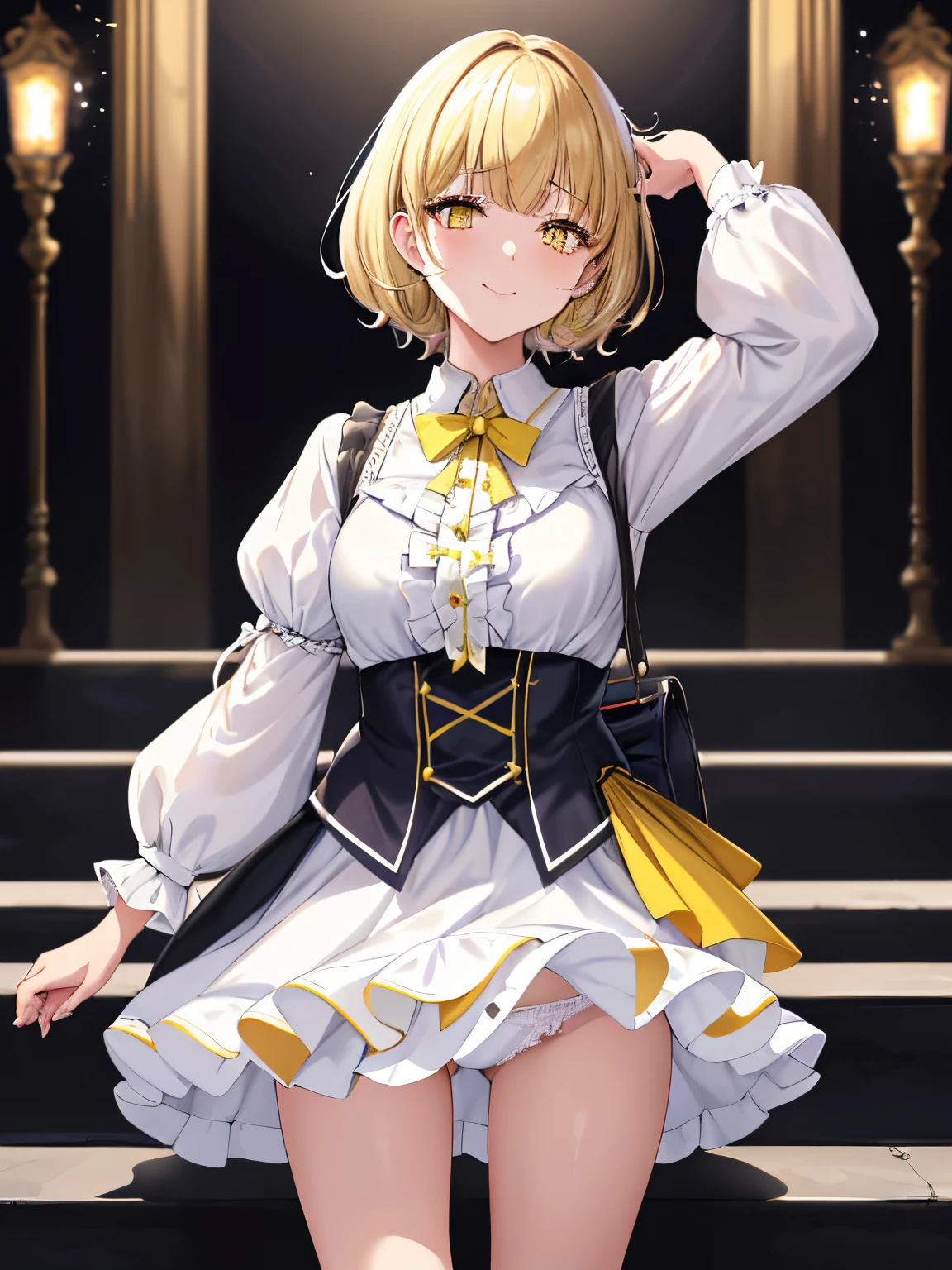 Anime girl in uniform standing on stairs with hands on her head, Anime visuals of cute girls, beautiful anime high school girl, Official art,official artwork, a hyperrealistic schoolgirl, young anime girl, Smooth Anime CG Art, Anime Best Girl, an anime girl, idol、masterpiece、top-quality、beautiful countenance、absurderes、HDR、(cowboy shot、White Ruffled Lace Mini Dress、White collar、White ruffle cuff、Particle:1.5)、(Bloom、Glow:1.4)、(a smile)、(Blonde short、yellow eyes:1.7)、foco nítido、Photorealsitic、hight resolution、highestdetailed、ultra-detailliert、detailed faces and eyes、Sharp pupils、Realistic pupils、foco nítido、 shinny skin、(Black corset:1)、(Dark studio、dark backgrounds:1.5)、Rim Lighting、Dynamic, cinematic lighting、(((tucking up the skirt:1.3)))、(((White panties are visible)))、