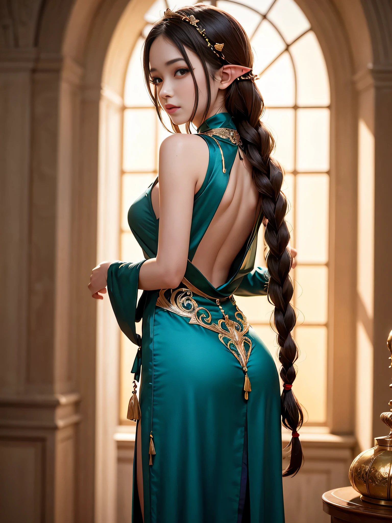 Graceful elven girl standing in meadow, Delicate face illuminated by the soft light of the setting sun. Her long, Flowing hair runs down your back, Decorated with intricate braids、Adorned with sparkling gemstones. This great photo is、、、It captures the ethereal beauty of elves. Slender figure in silk dress、Swaying in the soft steppe breeze. Attention to detail、Face that is、Face that is、Face that is、Face that is、It is evident in the intricate patterns of the dress and the subtle highlights of the luminescence. skin. The breathtaking portrayal of the elven girl is、、、、、Create an enchanting atmosphere、It invites the viewer to a magical world.