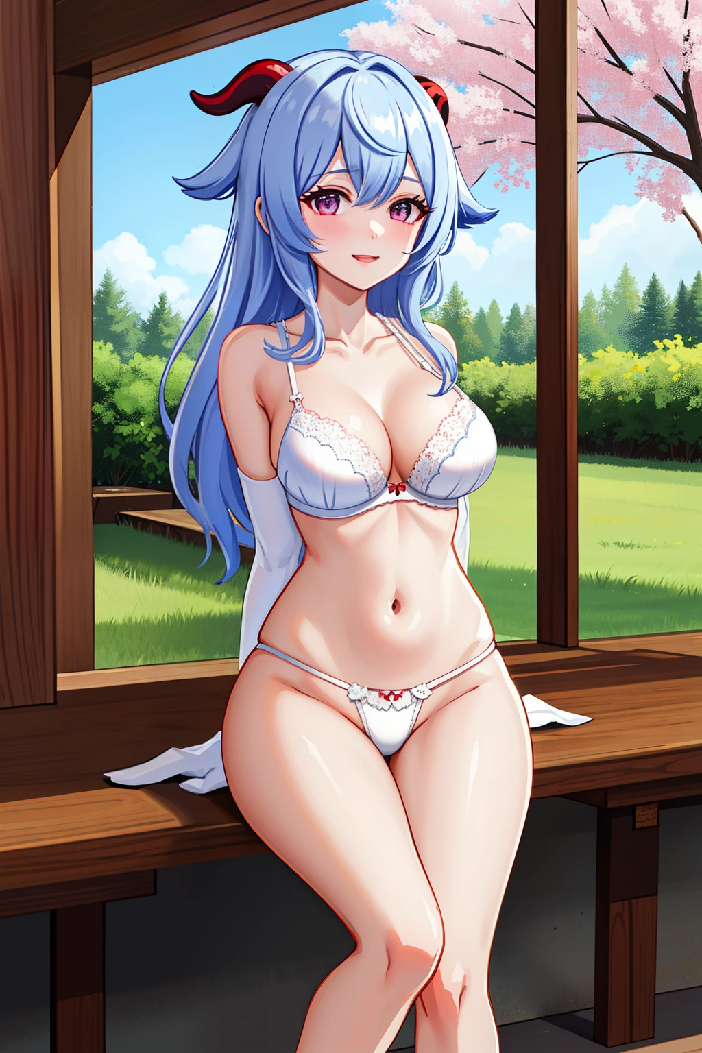 ganyu_genshin, 1 girl,(smile), (upper body:1.2), (standing),solo,(1 girl in the photo:1.5),(alone:1.5),(looking at viewer:1.4),(arms behind back:1.5),(cow horn head ornament),blue hair,beautiful detailed purple eyes,(huge breasts), (white bra:1.5),(white thong:1.5),(bare arms:1.5),(bare legs:1.5),white high heels,(from below:1.2),outdoors,park,lawn,station,flowers,
