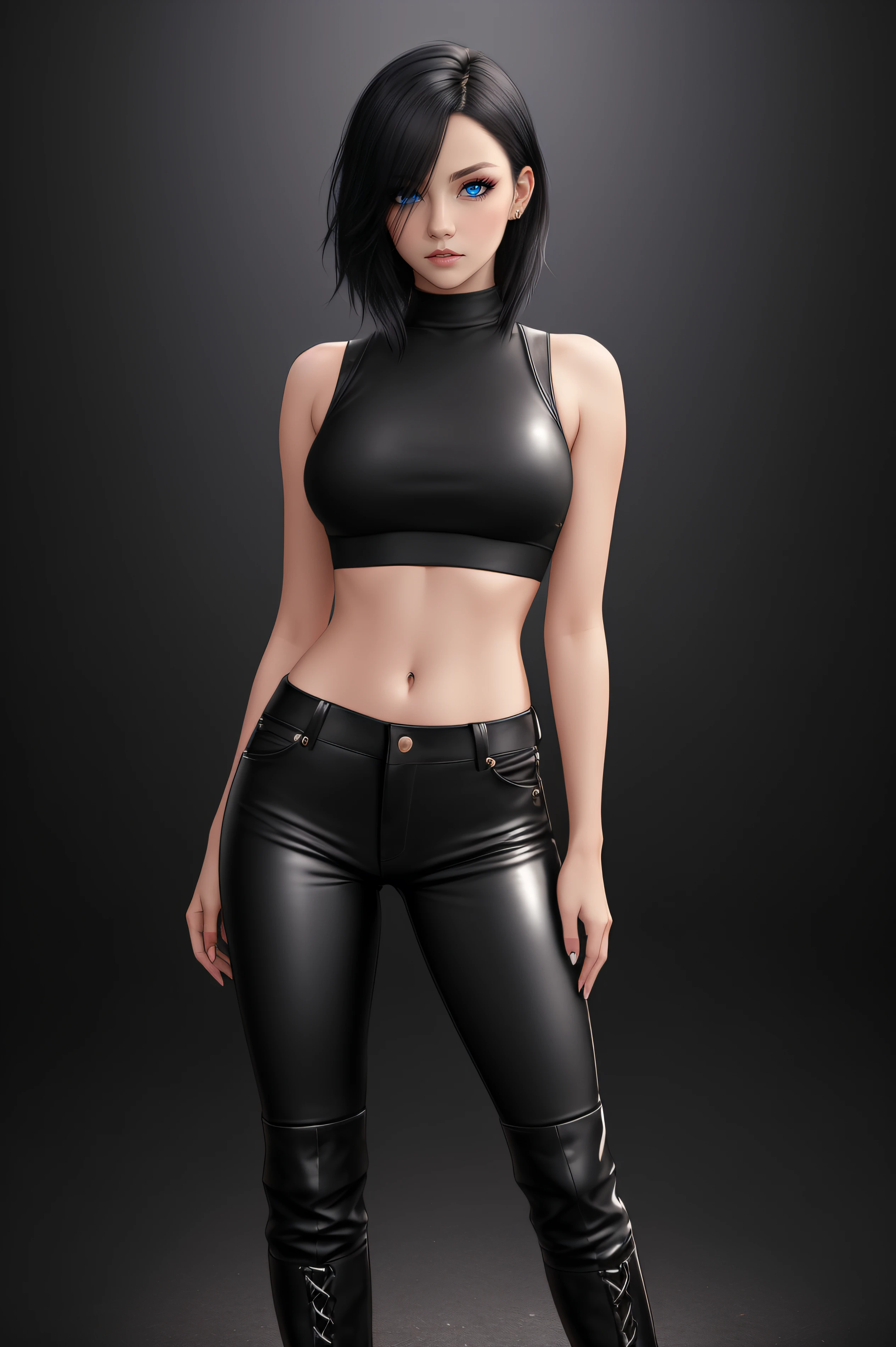 beautiful girl, ((standing:1.4)), (confident gaze:1.1), full body, short bright neon streaked black hair, ((realistic highly detailed eyes:1.4)), ((seductive pose:1.2)), black eyeshadow, (street style wear:1.2), ((tight fitted pants)), ((knee high leather boots)), ((dark plain black background:1.4)), dark makeup, digital art, trending on artstation, highly detailed, fine detail, intricate, detailed facial features, sharp focus, smooth, aesthetic,