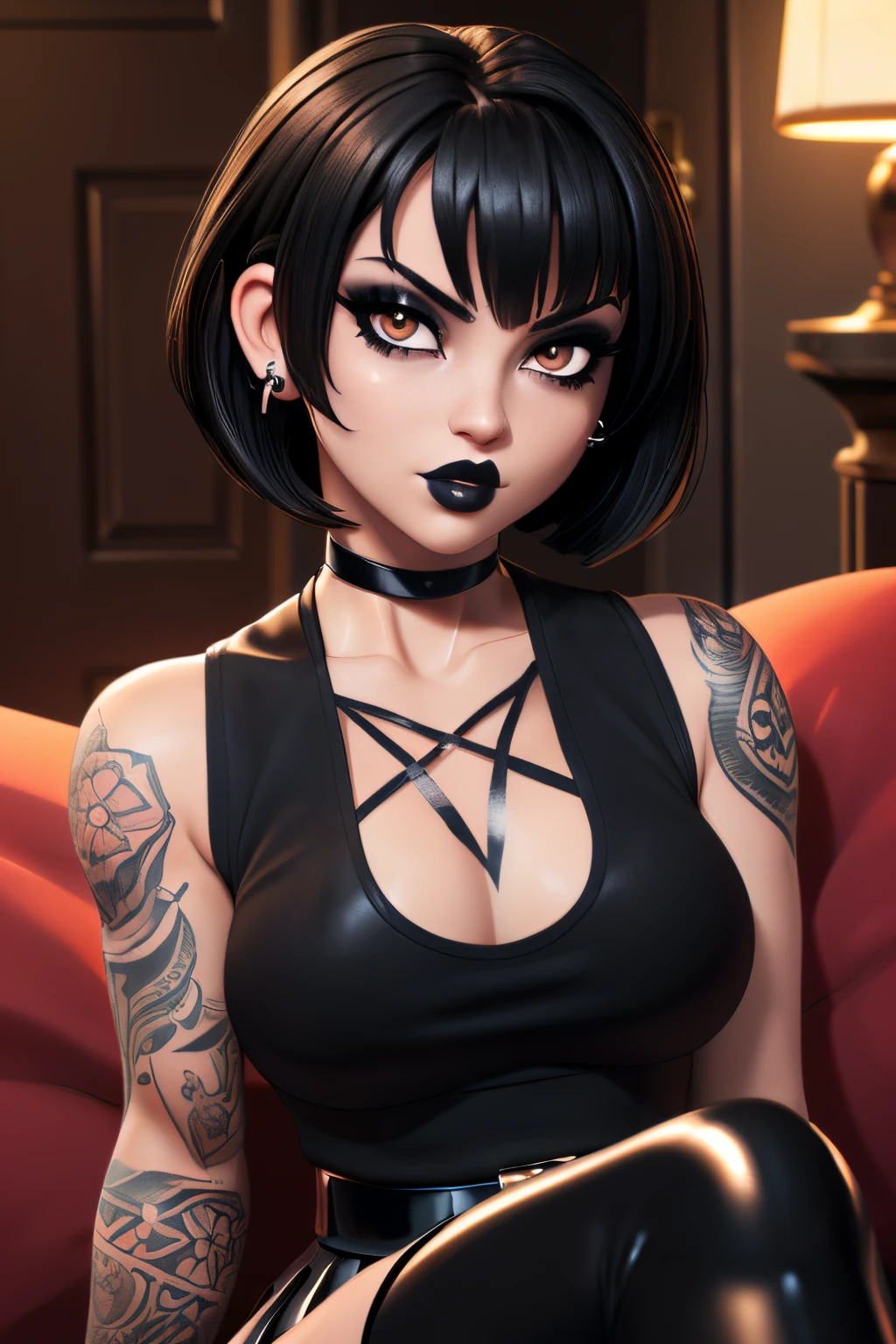 ((ultra quality)), ((tmasterpiece)), goth girl, ((short black hair bob haircut), ((there are piercings and rings in the ears)), Beautiful cute face, beautiful female lips, ((dark makeup)), charming beauty, ((sexy facial expression)), is looking at the camera, ((Skin color: white)), ((have tattoos on the body)), Body glare, ((detailed beautiful female eyes)), ((dark brown eyes)), beautiful female hands, ((perfect female figure)), ideal female body shapes, Beautiful waist, nice feet, big thighs, Beautiful butt, ((Subtle and beautiful)), sitting seductively on the sofa ((closeup face)), ((wearing a black leather skirt and a black sleeveless tank top, black choker around the neck, black boots with a large platform, black stockings)), background: Threshold of the house, evening sunset, ((Depth of field)), ((high quality clear image)), ((crisp details)), ((higly detailed)), Realistic, Professional Photo Session, ((Clear Focus)), ((cartoon)), the anime, NSFW