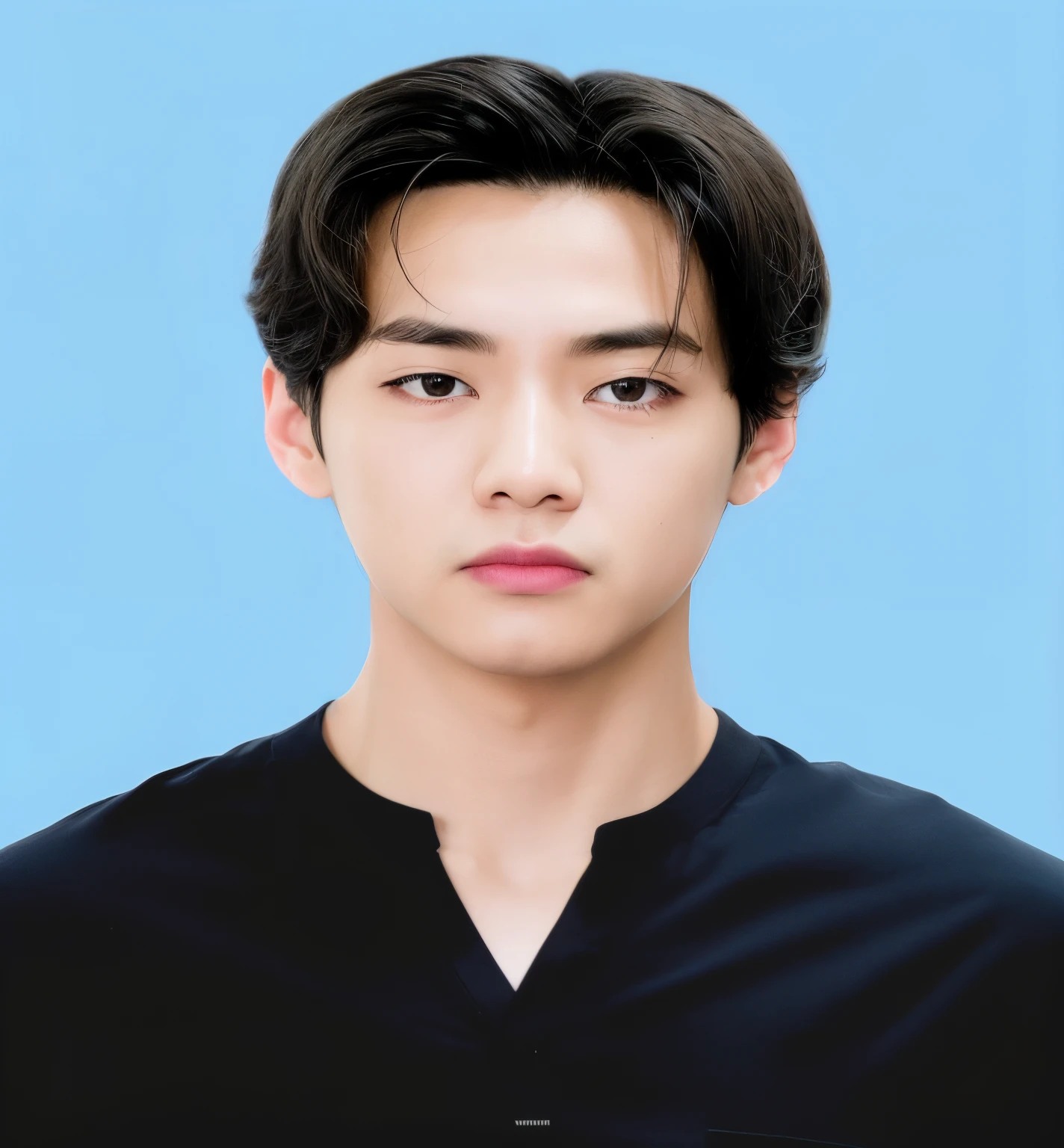 um close up de um homem com uma camisa preta e um fundo azul, Kim Doyoung, Jinyoung Canela, Hyung Tae, Jovem Anjo Wan, TaeJune Kim, Artista coreano, Shin Jeongho, Ji-Min, wan adorable korean face, portrait of kpop idol, Jung Jaehyun, foto de perfil headshot, Daoshi, fotos oficiais surfista
