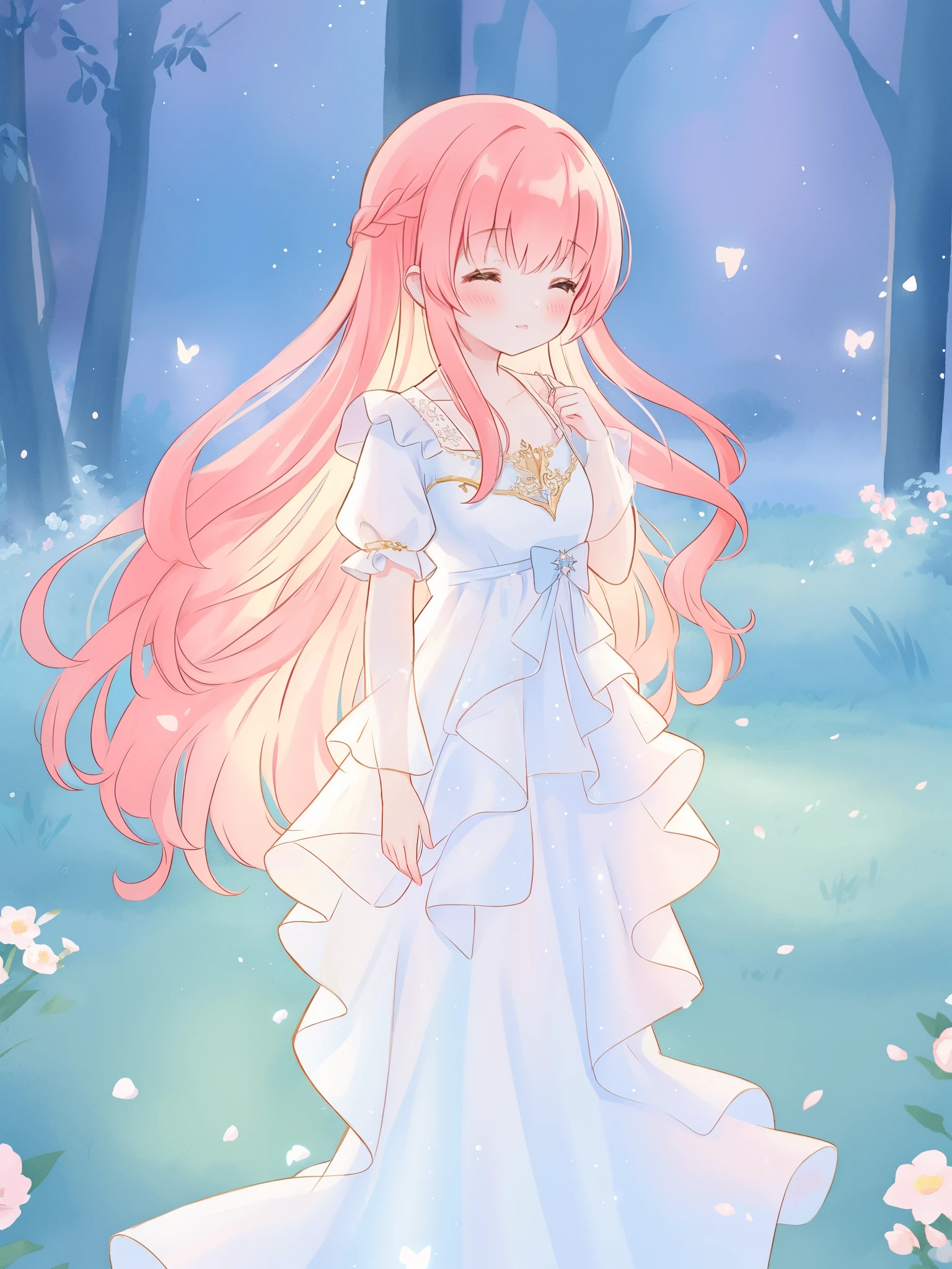 beautiful fairy girl in sparkling white ballgown, puffy flowing ballgown, sheer fluttering sleeves, ((glowing sheer layered dress)), long red gold hair, colorful fantasia background, delicate white flowers in her hair, watercolor illustration, glowing lights, beautiful digital illustration, fantasia otherworldly landscape, beautiful, masterpiece, best quality, (vibrant pastel colors), (colorful), magical forest landscape, sharp focus, intricate details, highly detailed, 8k resolution
