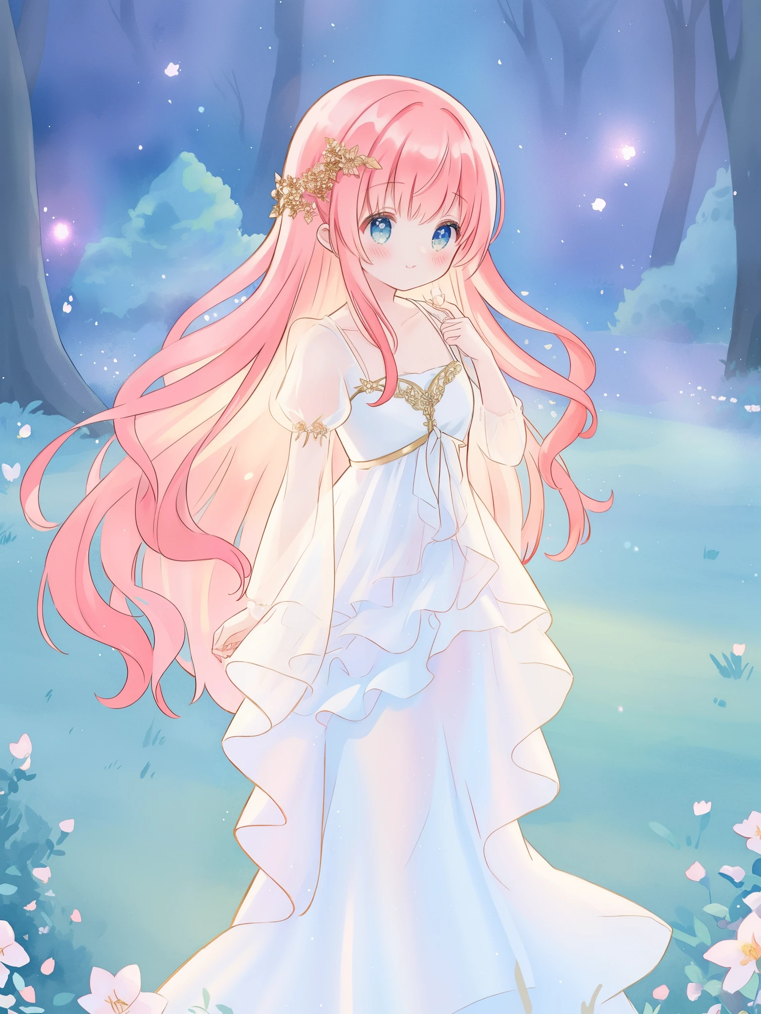 beautiful fairy girl in sparkling white ballgown, puffy flowing ballgown, sheer fluttering sleeves, ((glowing sheer layered dress)), long red gold hair, colorful fantasia background, delicate white flowers in her hair, watercolor illustration, glowing lights, beautiful digital illustration, fantasia otherworldly landscape, beautiful, masterpiece, best quality, (vibrant pastel colors), (colorful), magical forest landscape, sharp focus, intricate details, highly detailed, 8k resolution