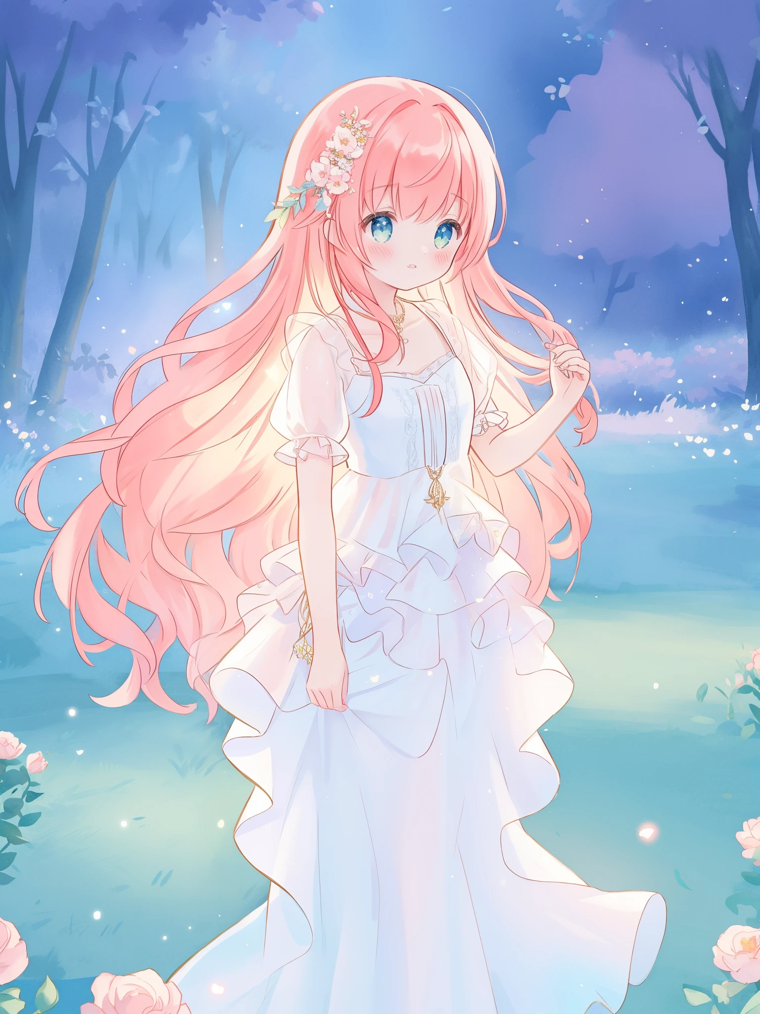 beautiful fairy girl in sparkling white ballgown, puffy flowing ballgown, sheer fluttering sleeves, ((glowing sheer layered dress)), long red gold hair, colorful fantasia background, delicate white flowers in her hair, watercolor illustration, glowing lights, beautiful digital illustration, fantasia otherworldly landscape, beautiful, masterpiece, best quality, (vibrant pastel colors), (colorful), magical forest landscape, sharp focus, intricate details, highly detailed, 8k resolution