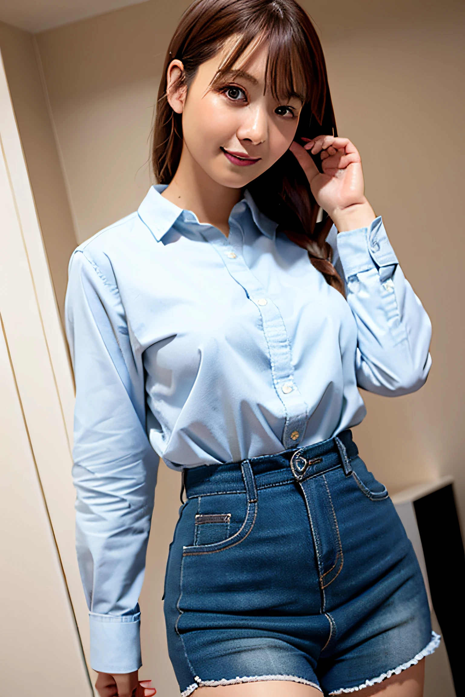 best quality, photorealistic, 8k, high res, 1girl, woman, (skindentation), (professional lighting), ((close buttoned office shirt)), (portrait:0.6), gorgeous, (long hair:1.7), (1girl eyes looking at viewer:1), ((looking at viewer:1.6)), (1girl looking at the camera), photorealistic, (bokeh), (portait:0.6), (dynamic pose:1.2), masterpiece, intricate, realistic, sharp focus, award-winning photograph,