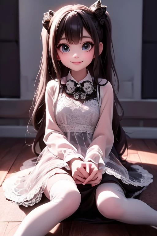 a demon girl smiling in a lace dress and black pumps posing for a picture, black hair, giant hair bow, wearing a lace dress, white tights, fashionable rpg clothing, squatting, (sfw)