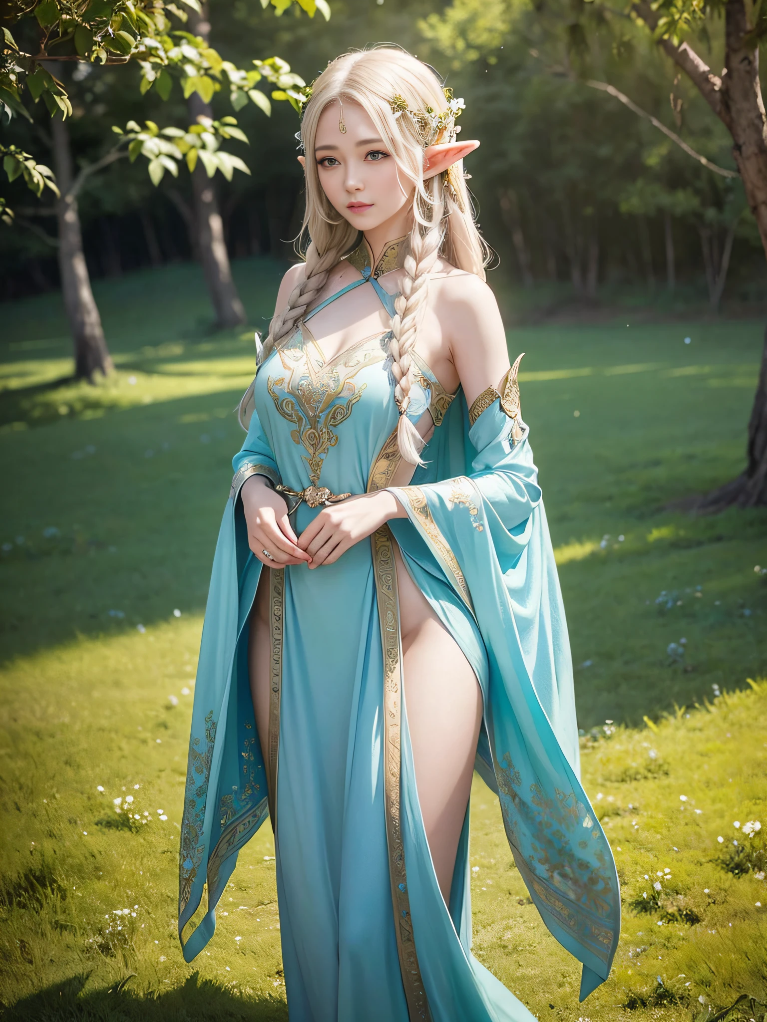 Graceful elven girl standing in meadow, Delicate face illuminated by the soft light of the setting sun. Her long, Flowing hair runs down your back, Decorated with intricate braids、Adorned with sparkling gemstones. This great photo is、、、It captures the ethereal beauty of elves. Slender figure in silk dress、Swaying in the soft steppe breeze. Attention to detail、Face that is、Face that is、Face that is、Face that is、It is evident in the intricate patterns of the dress and the subtle highlights of the luminescence. skin. The breathtaking portrayal of the elven girl is、、、、、Create an enchanting atmosphere、It invites the viewer to a magical world.