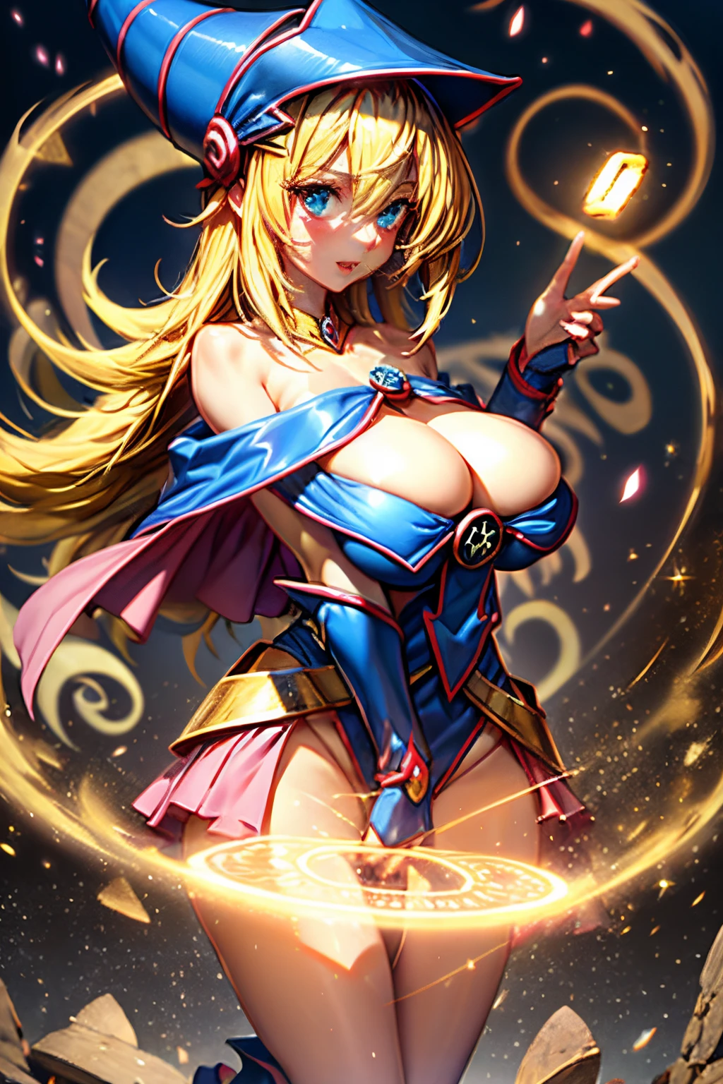 (Obra maestra:1.2), (La mejor calidad:1.2), Perfect lighting, Chica Maga Oscura lanzando un hechizo, flotando en el aire, Levitating over a magic circle , Portal de Circle, tetas grandes, escote abierto, fondo de magia. Pose sejustiva y y. Fuegos artificiales de fondo.  dragon armaguedon