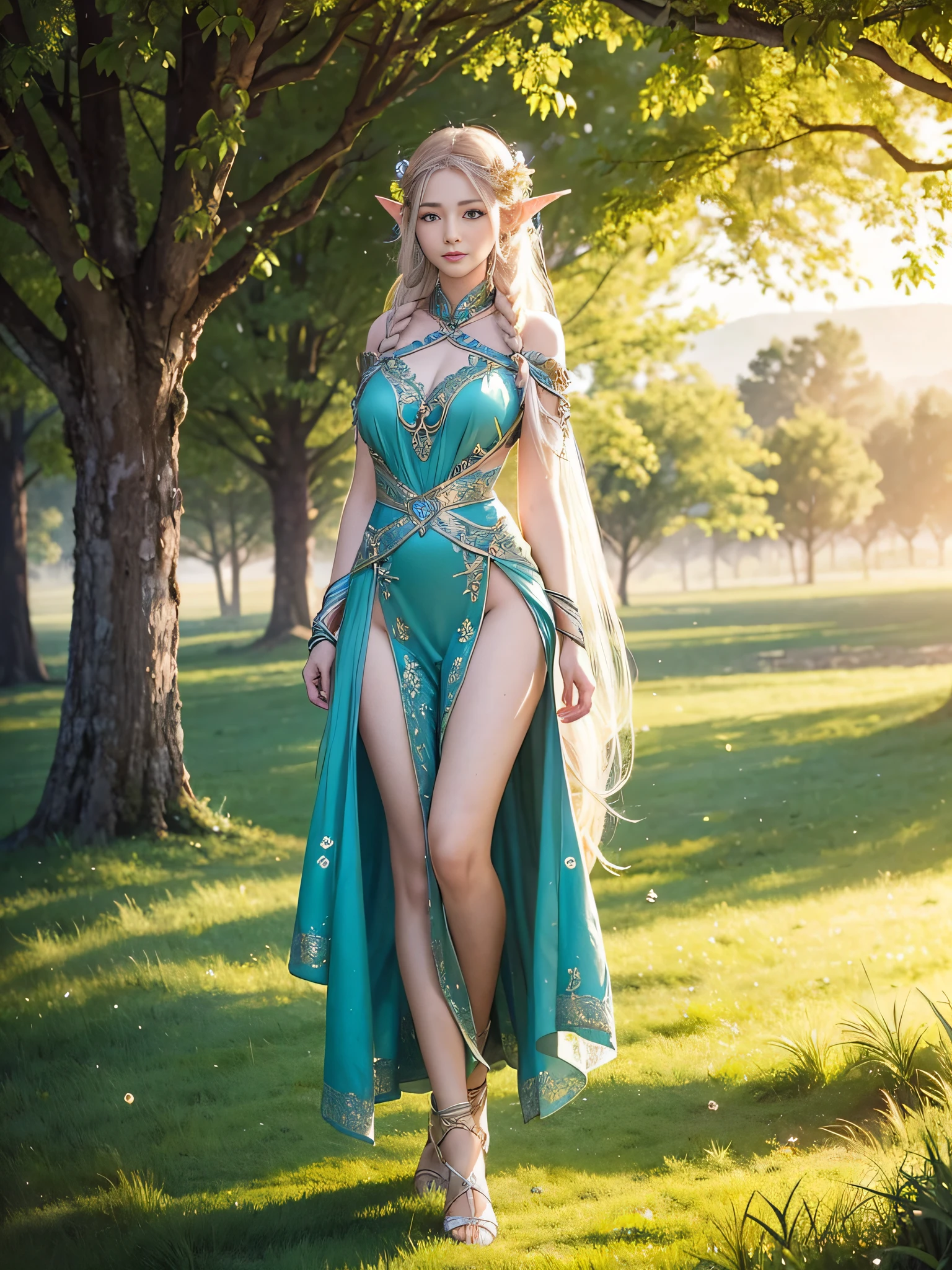 Masterpiece, highest quality, solo, (perfect face: 1.1), (high detail: 1.1), dramatic, dynamic pose, 1girl, breasts, blonde hair, bright blue eyes, solo, cleavage, delicate and characteristic pretty face, long hair, curved, small breasts, hanfu, thighs, intricate patterns, bare shoulders, slender and tall figure, pink lips, she is like a fairy in the mortal world, elegant and elegant. Her dress was made of silk and dyed a soft pink color to match the glow of the sky. The dress has intricate embroidery of flowers and birds, showing her elegant taste and noble status. She wore a jade-colored hairpin on her long black hair, which fluttered behind her as she ran. Her face is delicate and flawless, with bright eyes and rosy lips. She smiled and enjoyed the freedom and beauty of nature. The fields are covered with green grass and colorful wildflowers that sway in the breeze. The sun sets behind the mountains, casting a warm glow on the entire scene. She looks like a painting, a dream, a poem. Soft tones for the movie feel.