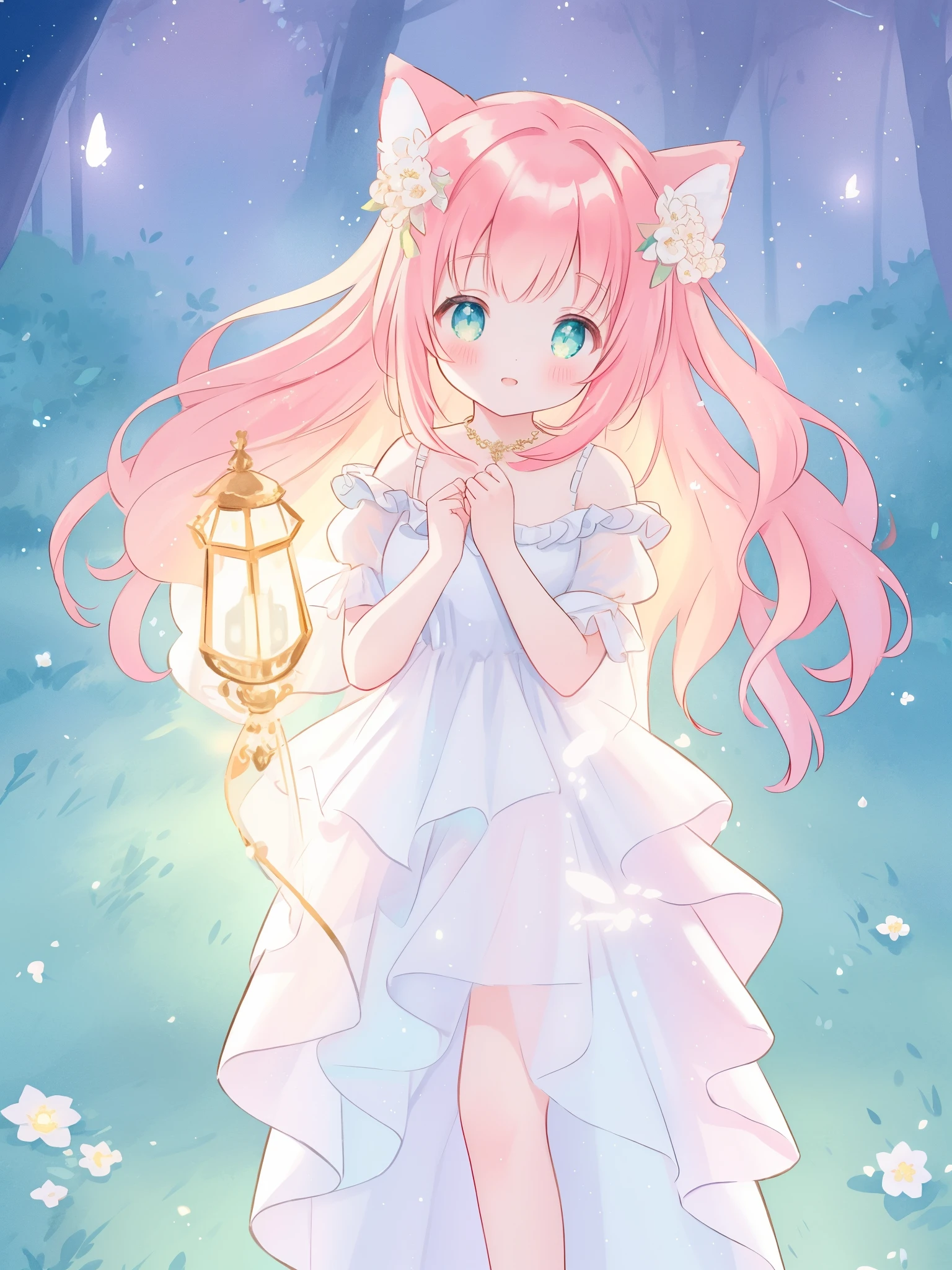 beautiful fairy girl in sparkling white ballgown, puffy flowing ballgown, sheer fluttering sleeves, ((glowing sheer layered dress)), long red gold hair, colorful fantasia background, delicate white flowers in her hair, watercolor illustration, glowing lights, beautiful digital illustration, fantasia otherworldly landscape, beautiful, masterpiece, best quality, (vibrant pastel colors), (colorful), magical forest landscape, sharp focus, intricate details, highly detailed, 8k resolution