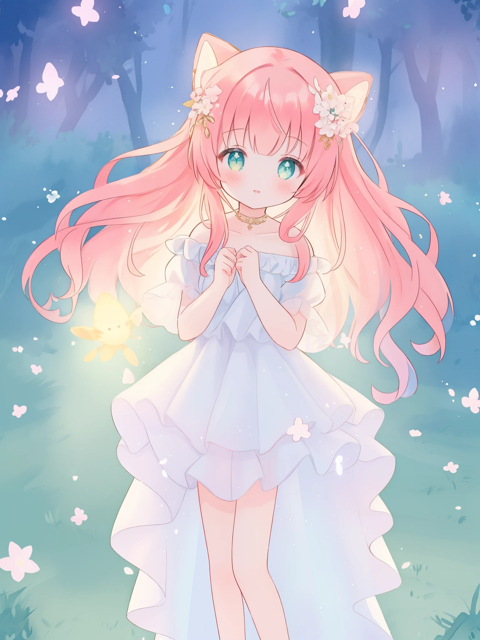 beautiful fairy girl in sparkling white ballgown, puffy flowing ballgown, sheer fluttering sleeves, ((glowing sheer layered dress)), long red gold hair, colorful fantasia background, delicate white flowers in her hair, watercolor illustration, glowing lights, beautiful digital illustration, fantasia otherworldly landscape, beautiful, masterpiece, best quality, (vibrant pastel colors), (colorful), magical forest landscape, sharp focus, intricate details, highly detailed, 8k resolution