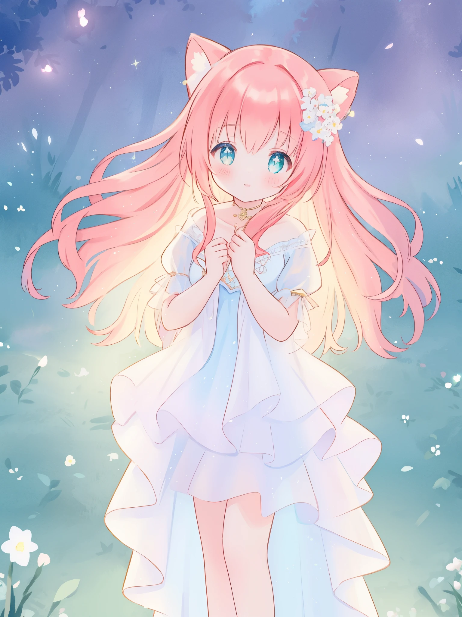 beautiful fairy girl in sparkling white ballgown, puffy flowing ballgown, sheer fluttering sleeves, ((glowing sheer layered dress)), long red gold hair, colorful fantasia background, delicate white flowers in her hair, watercolor illustration, glowing lights, beautiful digital illustration, fantasia otherworldly landscape, beautiful, masterpiece, best quality, (vibrant pastel colors), (colorful), magical forest landscape, sharp focus, intricate details, highly detailed, 8k resolution