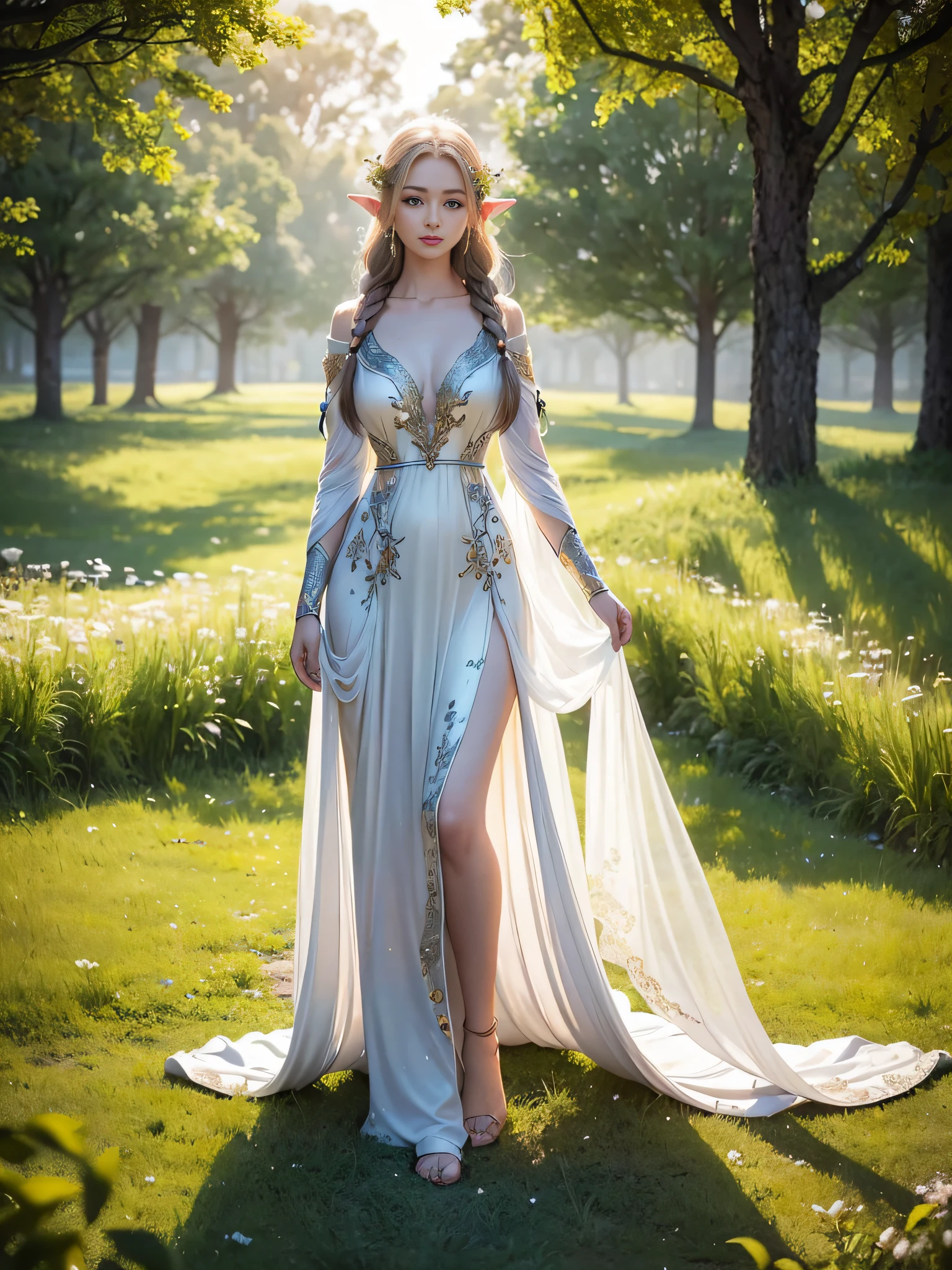 Graceful elven girl standing in meadow, Delicate face illuminated by the soft light of the setting sun. Her long, Flowing hair runs down your back, Decorated with intricate braids、Adorned with sparkling gemstones. This great photo is、、、It captures the ethereal beauty of elves. Slender figure in silk dress、Swaying in the soft steppe breeze. Attention to detail、Face that is、Face that is、Face that is、Face that is、It is evident in the intricate patterns of the dress and the subtle highlights of the luminescence. skin. The breathtaking portrayal of the elven girl is、、、、、Create an enchanting atmosphere、It invites the viewer to a magical world.