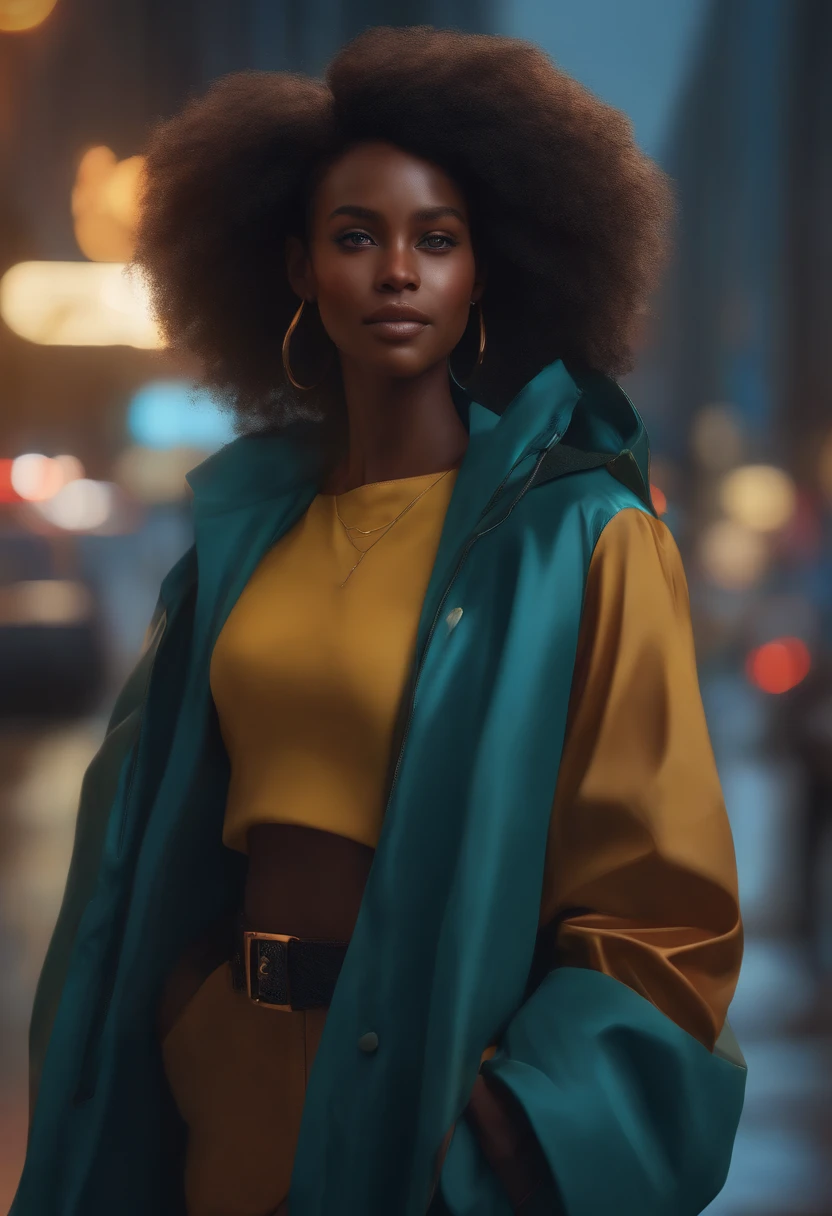 masterpiece, best quality, half body, portrait, night city, 1 african girl, anime, 3D, Africa, pixar, realistic, teen girl, smiling, cute face, afrofuturism fashion style, rain coat, beautiful, colourful, neon lights, cyberpunk, smooth skin, illustration, artstation, painting by stanley artgerm lau, sideways glance, foreshortening, extremely detailed 8K, smooth, high resolution, ultra quality, highly detail eyes, highly detail mouth, highly detailed face, perfect eyes, both eyes are the same, true light, glare, Iridescent, Global illumination, real hair movement, real light, real shadow, real face, hd, 2k, 4k, 8k, 16k, realistic light, realistic shadow, bright Eyes, fluorescent eyes, soft light, dream light