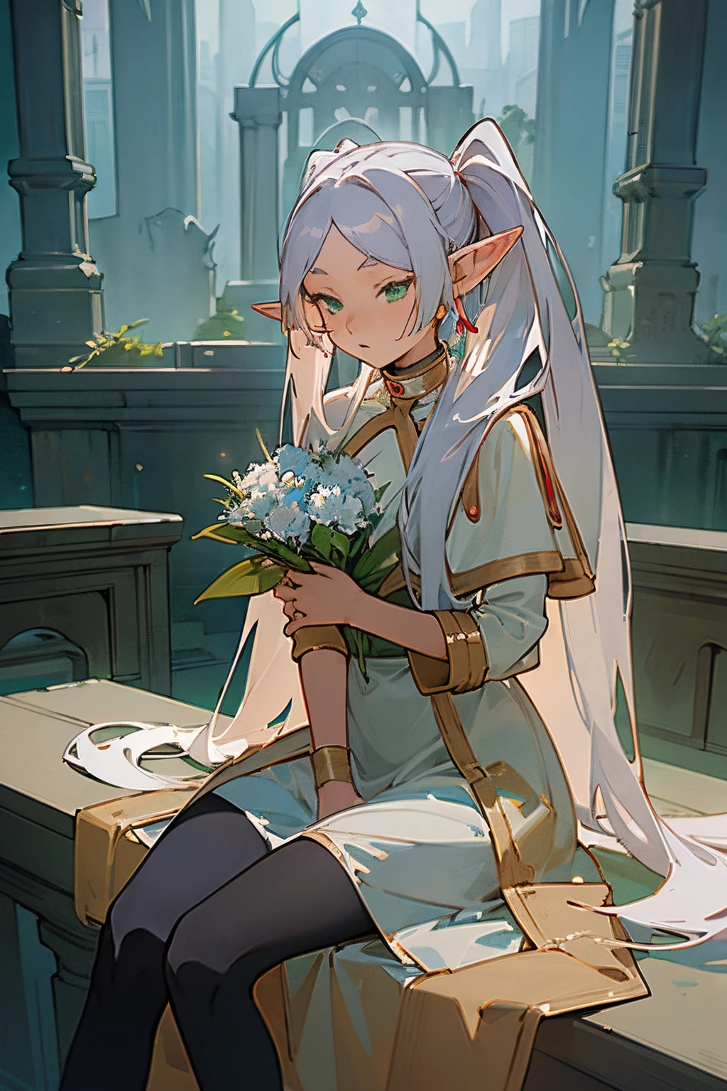 ((Frieren)), ((Masterpiece)), (Anime:1.5), (High Definition), (cowboy shot), (Professional Photography:1.2), (cinematic lighting),1girl, solo, (flat body), (hold a bouquet, sitting), beautiful, elf, pointy ears, white hair, ((very long twintails)), green eyes, white dress, put on black tights, (white cape), magic, ((beautiful golden ruins)), cityscape