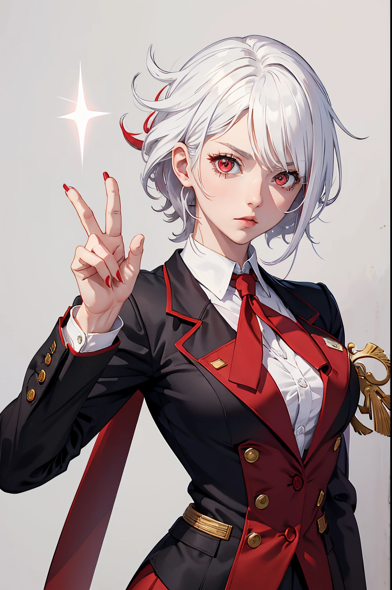 white hair, red eyes, woman, school uniform, jojo pose, white hair, red eyes, medium hair