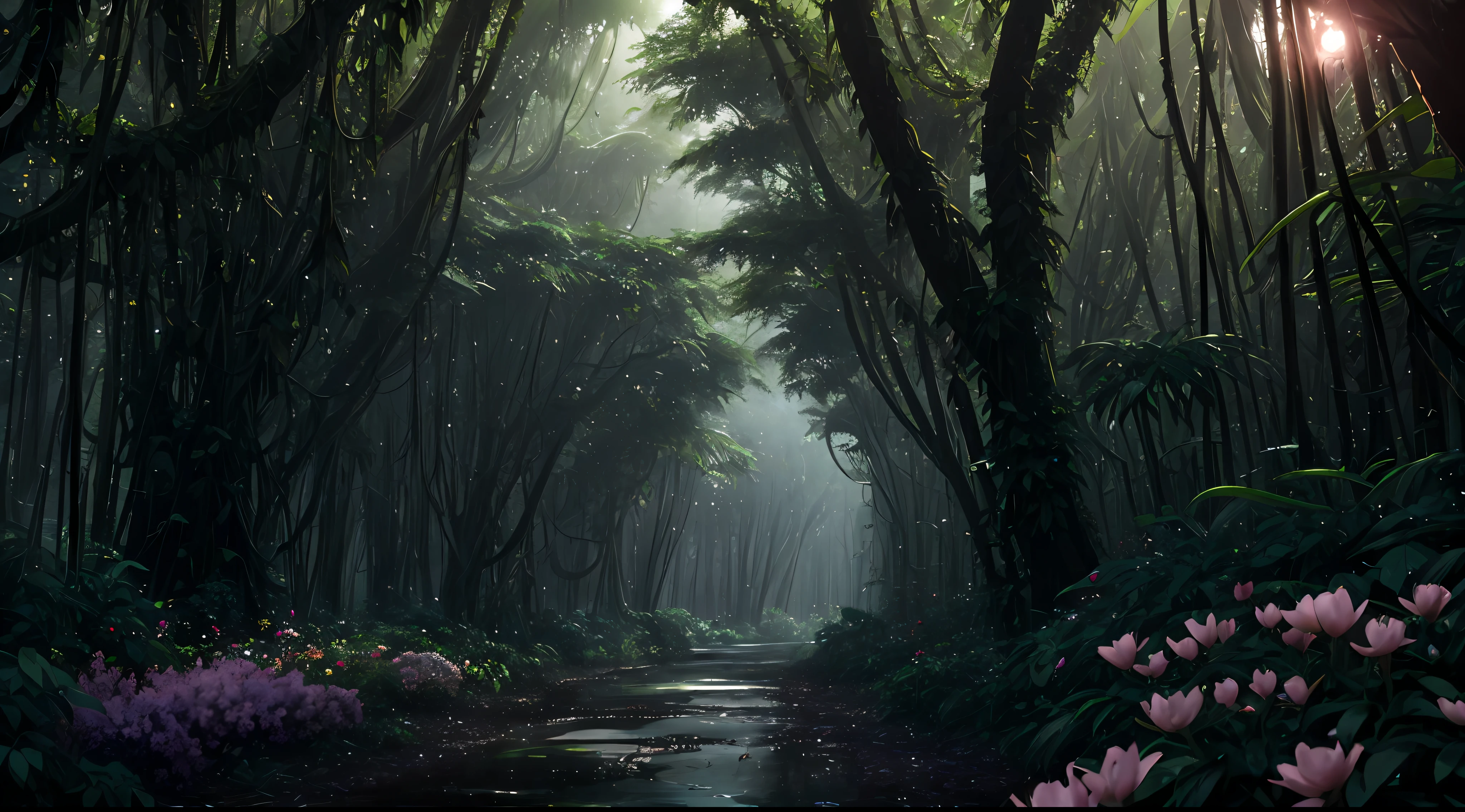 jungles,Ghastly,Futuristic,There are vines everywhere,The giant trees are wet again,tmasterpiece,The best quality,Extremely high level of detail,CG unity 8k wallpaper,award winning photography,Background bokeh,depth of fields,HDR,blossom flower,color difference,photograph realistic,The is very detailed,Popular on ArtStation,It is popular at the cGety Society,delicated,detail-rich,dramatics,halfway art,Surround lighting
