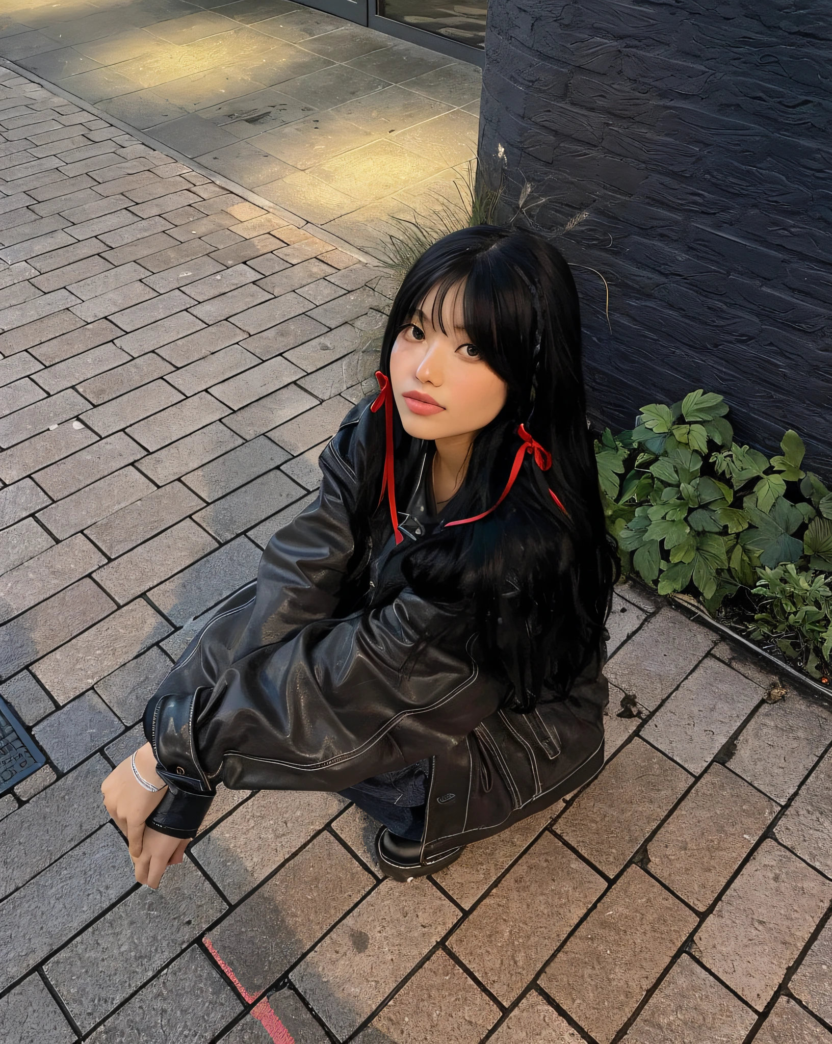 There's a woman sitting on the floor with a skateboard, Ela tem cabelo preto com franja, cabelo preto longo com franja, Sui Ishida com cabelo preto, O corte Hime, cabelo comprido com franja completa, cabelo blackbangs cabelo, com franja completa, com franja, a young asian woman, Retrato de Jossi de Blackpink, com longos cabelos pretos, cabelos longos com franja